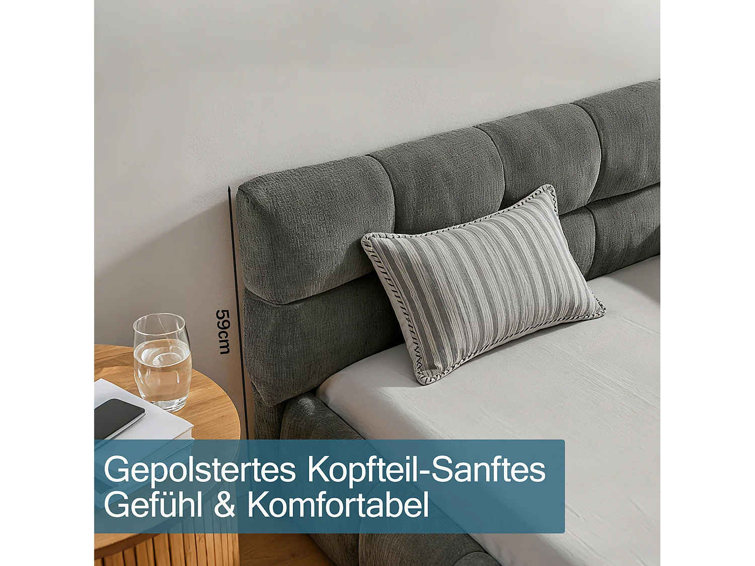 Lit double adulte gris foncé 160x200cm, matelassé carré, tissu chenille, bois + métal