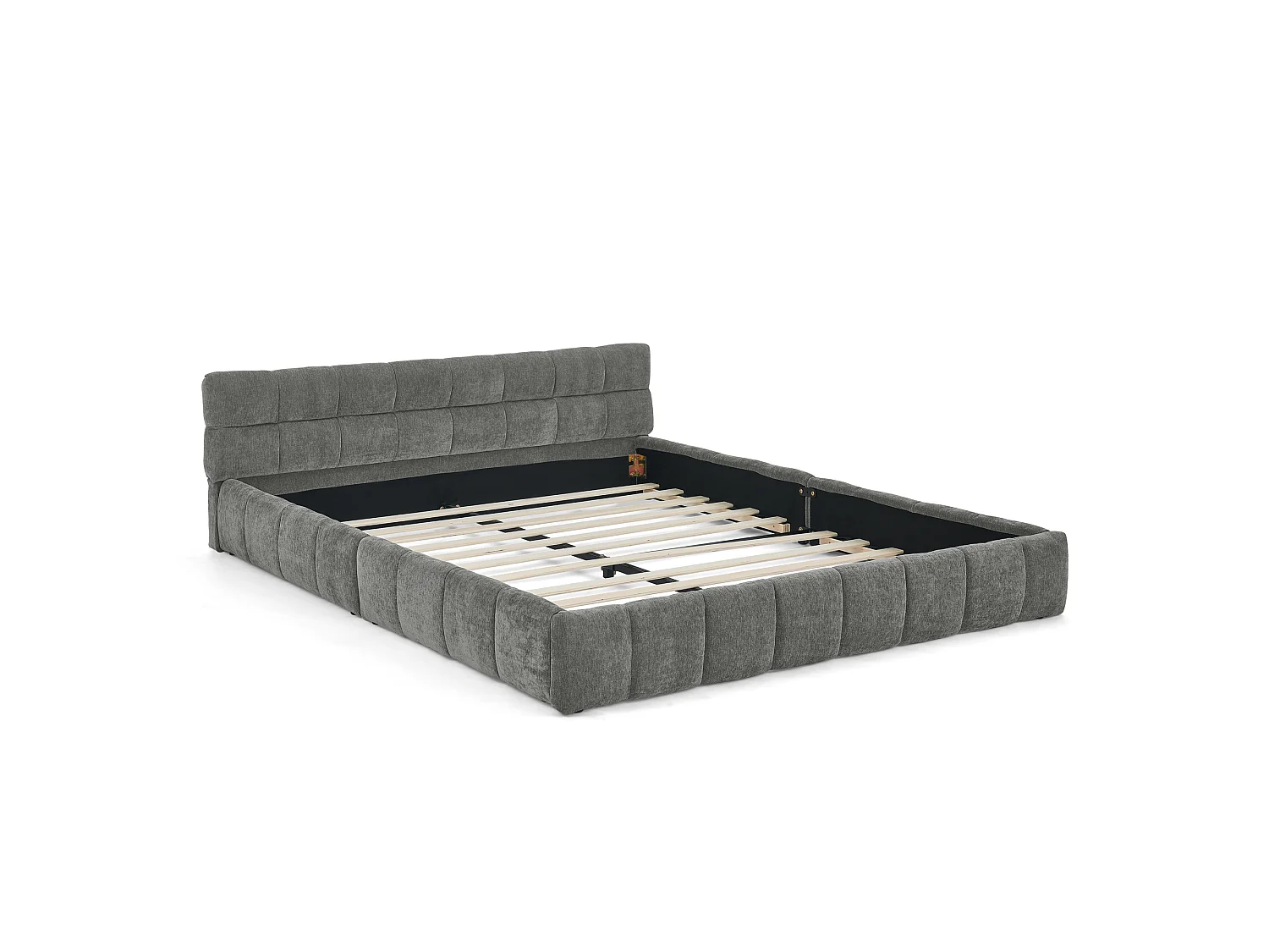Lit double adulte gris foncé 160x200cm, matelassé carré, tissu chenille, bois + métal