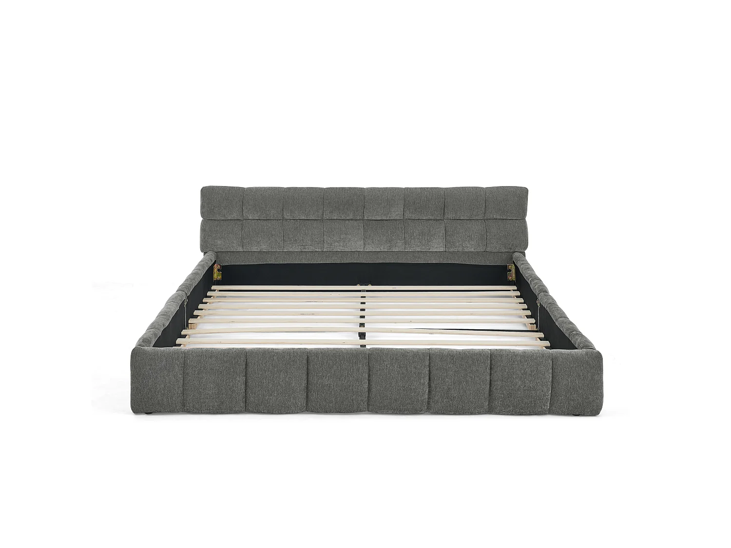 Lit double adulte gris foncé 160x200cm, matelassé carré, tissu chenille, bois + métal