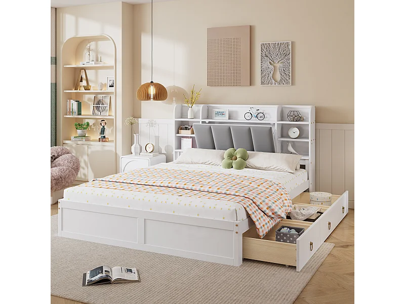 Letto matrimoniale per adulti 160x200cm con 3 cassetti e contenitore, pino + MDF, bianco + grigio, senza materasso