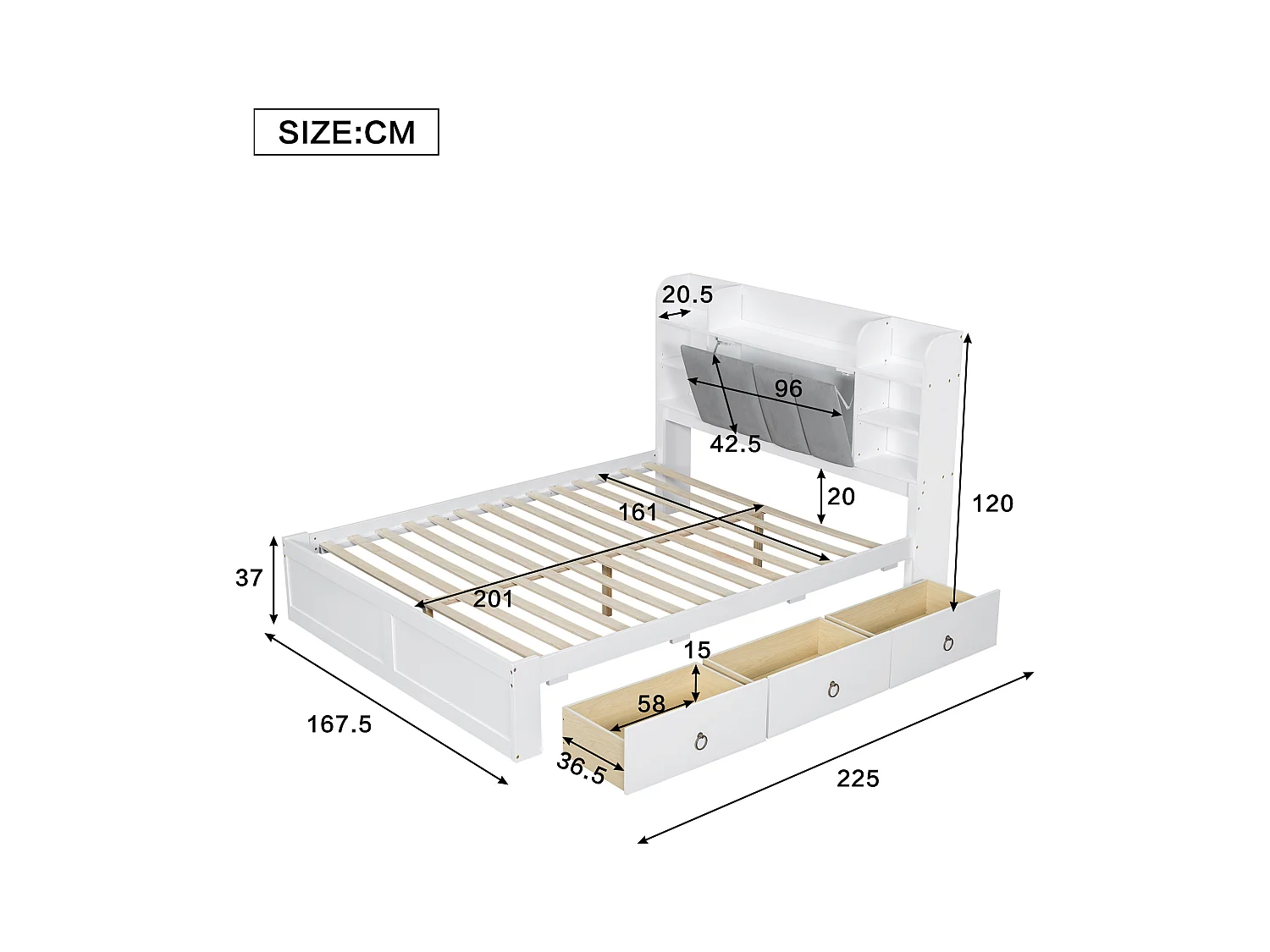 Letto matrimoniale per adulti 160x200cm con 3 cassetti e contenitore, pino + MDF, bianco + grigio, senza materasso