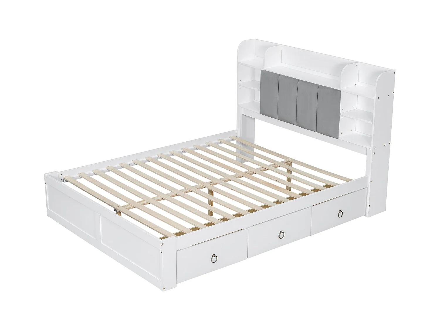 Letto matrimoniale per adulti 160x200cm con 3 cassetti e contenitore, pino + MDF, bianco + grigio, senza materasso