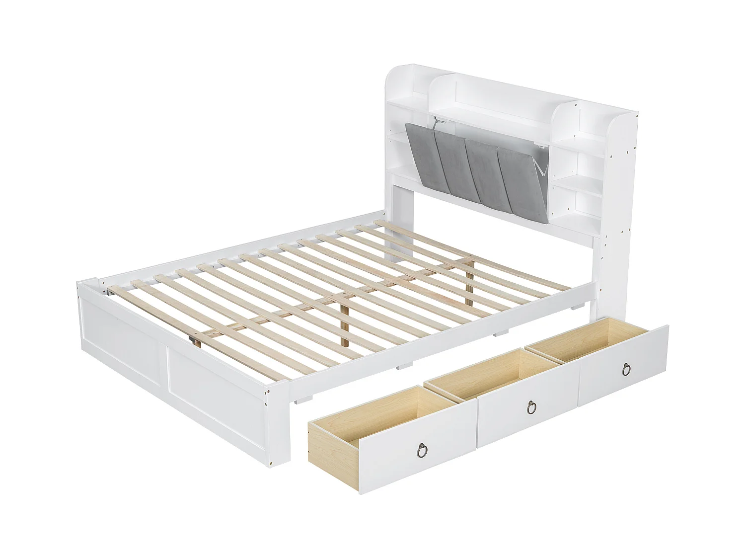 Letto matrimoniale per adulti 160x200cm con 3 cassetti e contenitore, pino + MDF, bianco + grigio, senza materasso