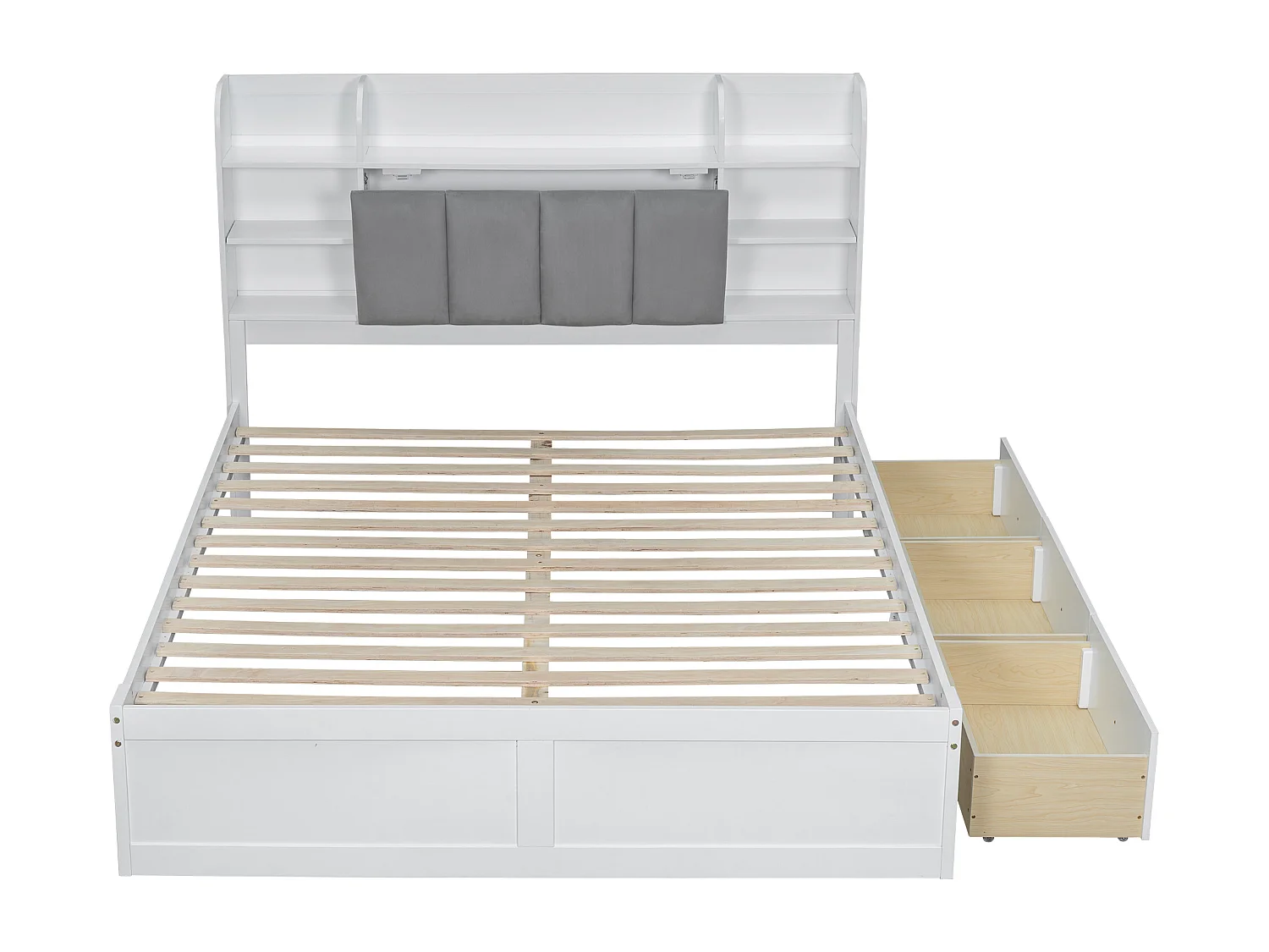 Lit double adulte 160x200cm avec 3 tiroirs et rangement, pin + MDF, blanc + gris, sans matelas