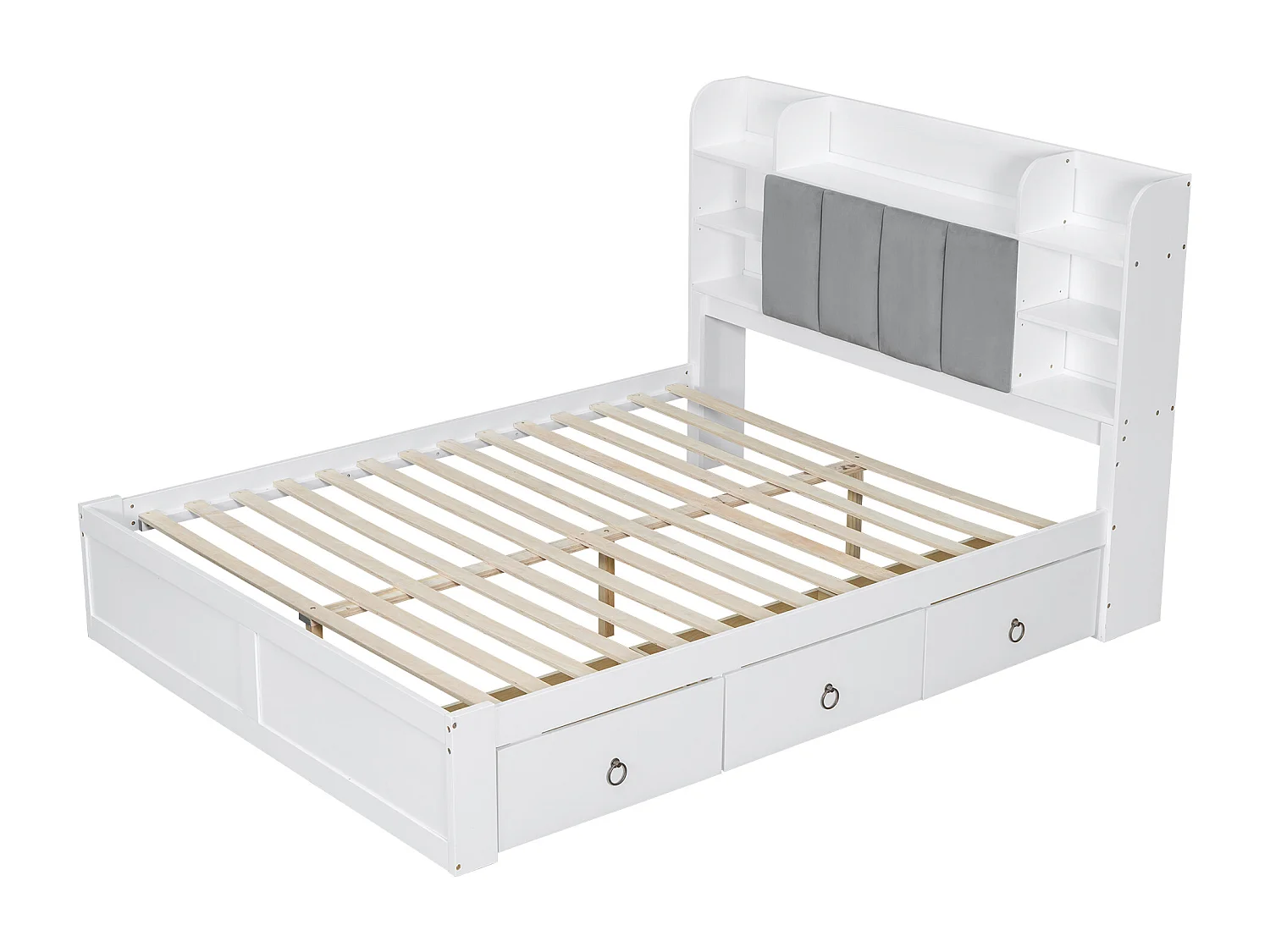 Lit double adulte 160x200cm avec 3 tiroirs et rangement, pin + MDF, blanc + gris, sans matelas