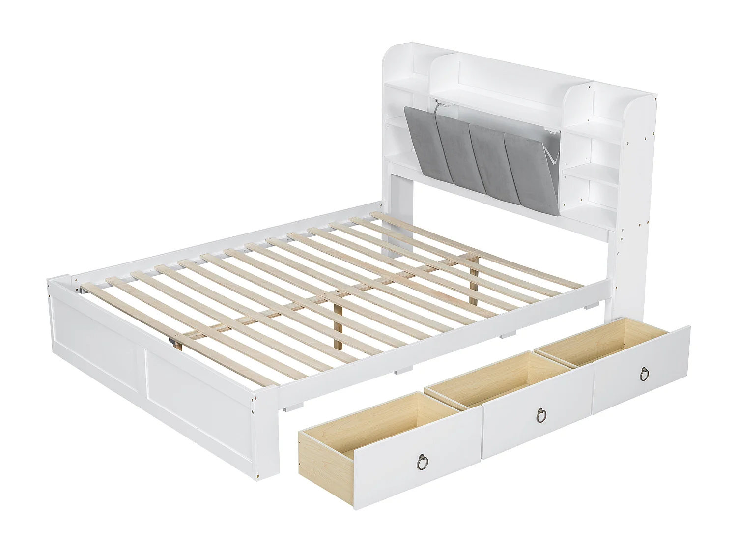 Lit double adulte 160x200cm avec 3 tiroirs et rangement, pin + MDF, blanc + gris, sans matelas