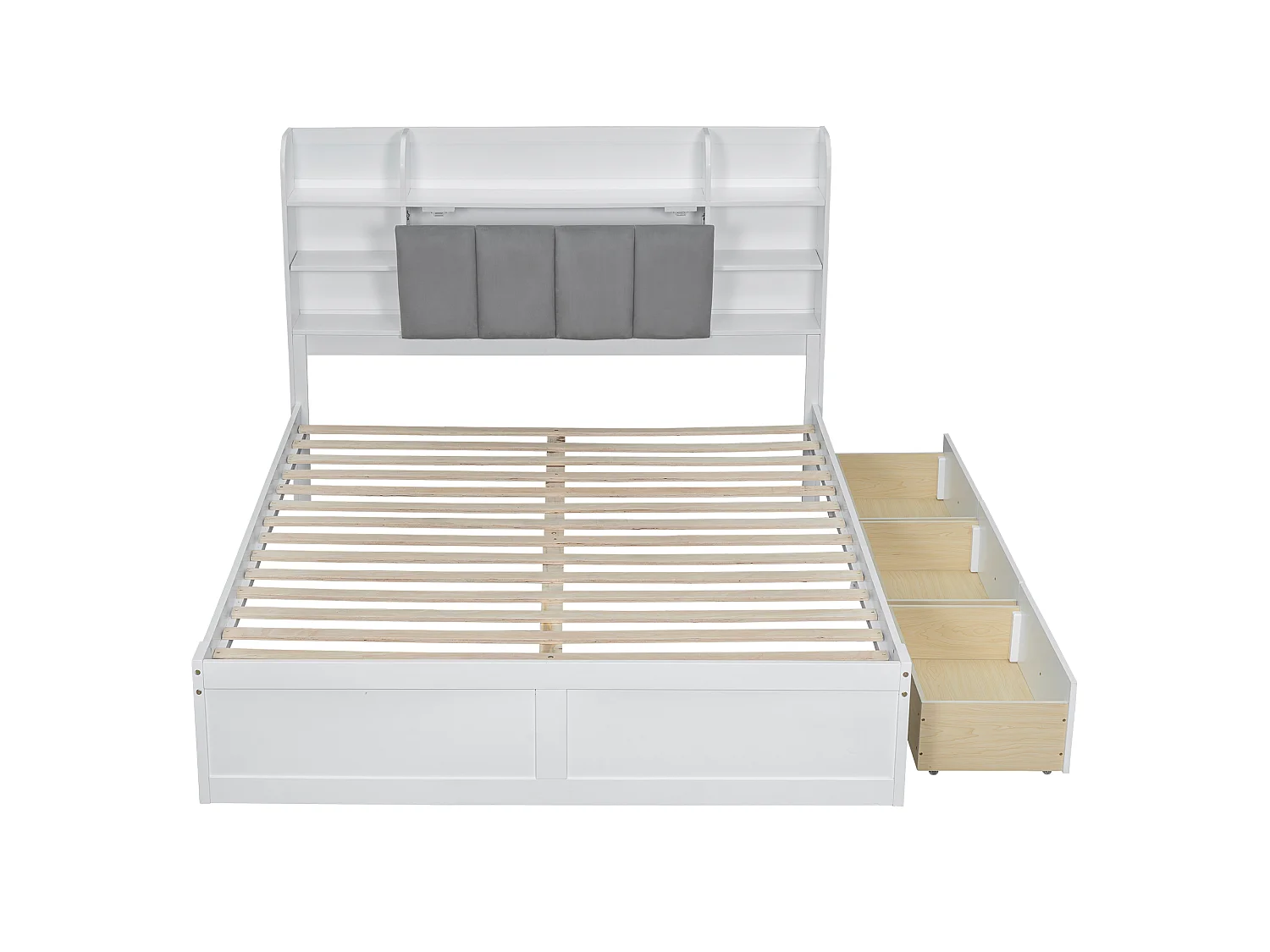 Lit double adulte 160x200cm avec 3 tiroirs et rangement, pin + MDF, blanc + gris, sans matelas