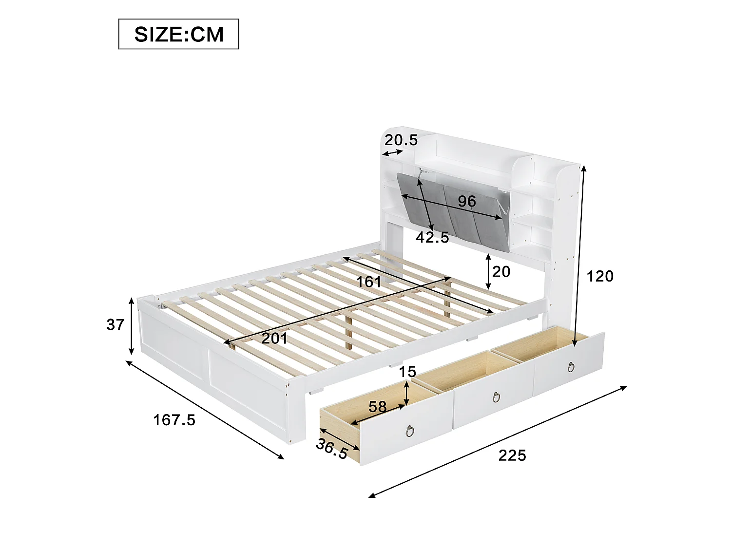 Lit double adulte 160x200cm avec 3 tiroirs et rangement, pin + MDF, blanc + gris, sans matelas
