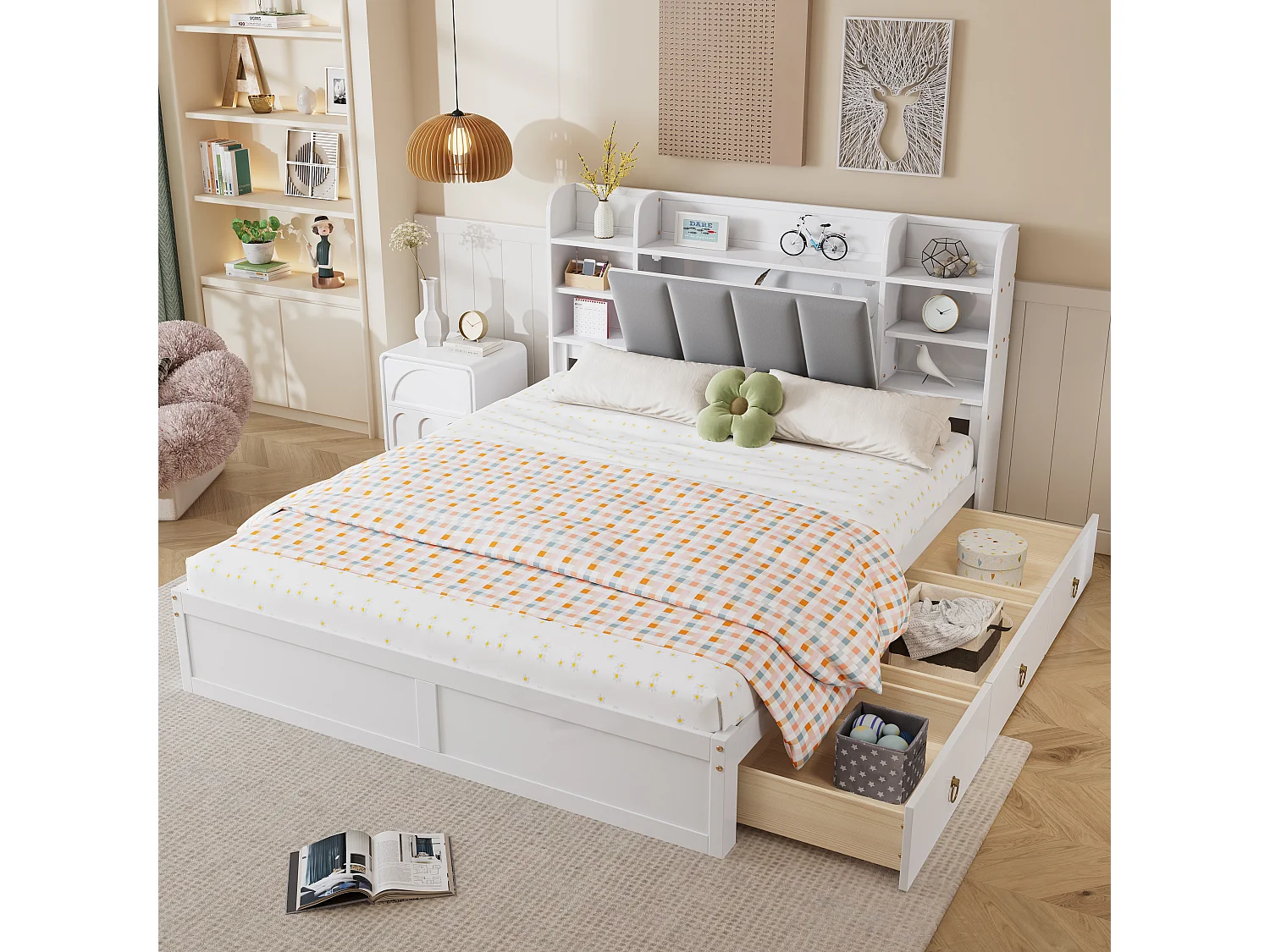 Lit double adulte 160x200cm avec 3 tiroirs et rangement, pin + MDF, blanc + gris, sans matelas