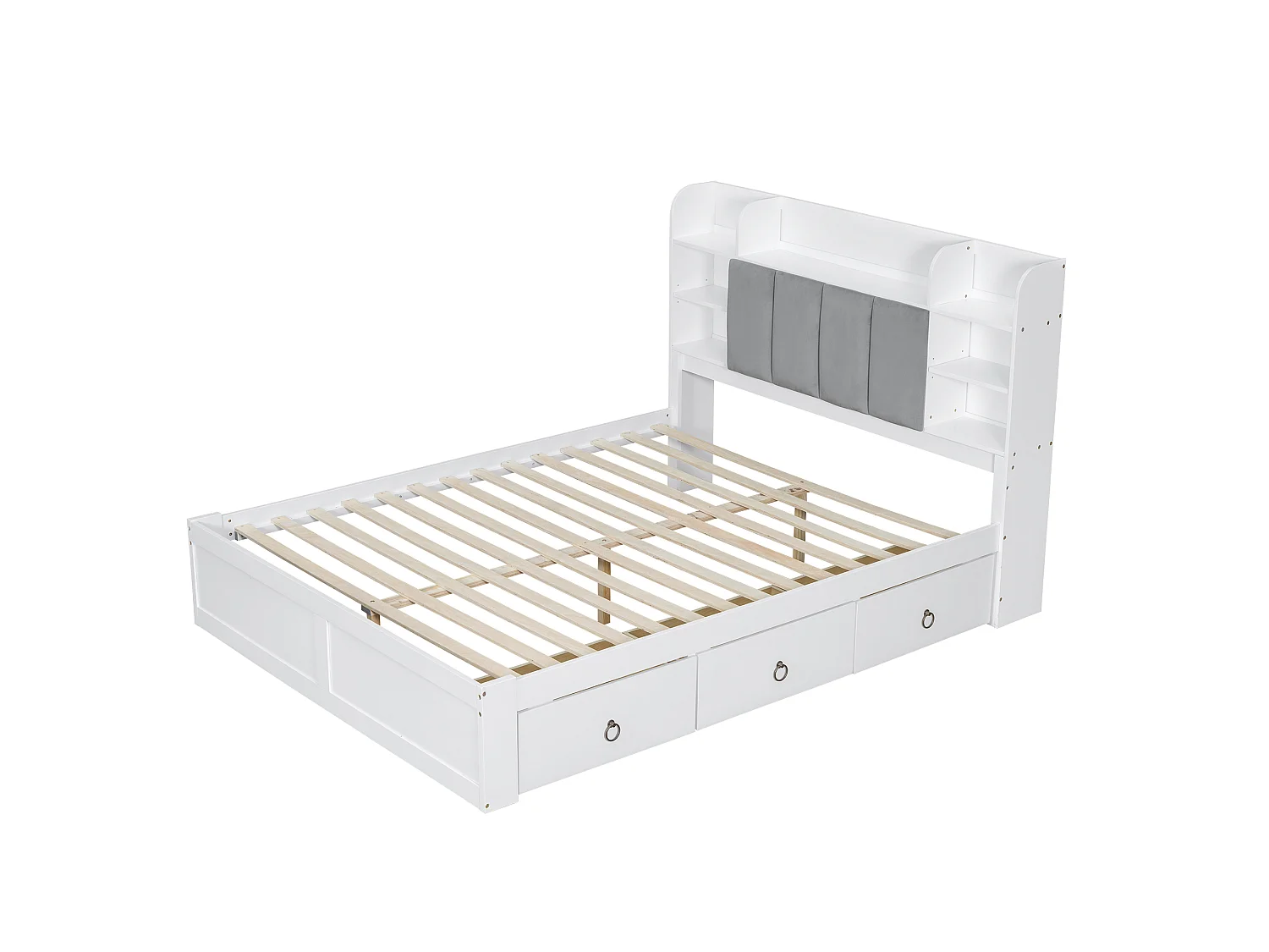 Lit double adulte 160x200cm avec 3 tiroirs et rangement, pin + MDF, blanc + gris, sans matelas