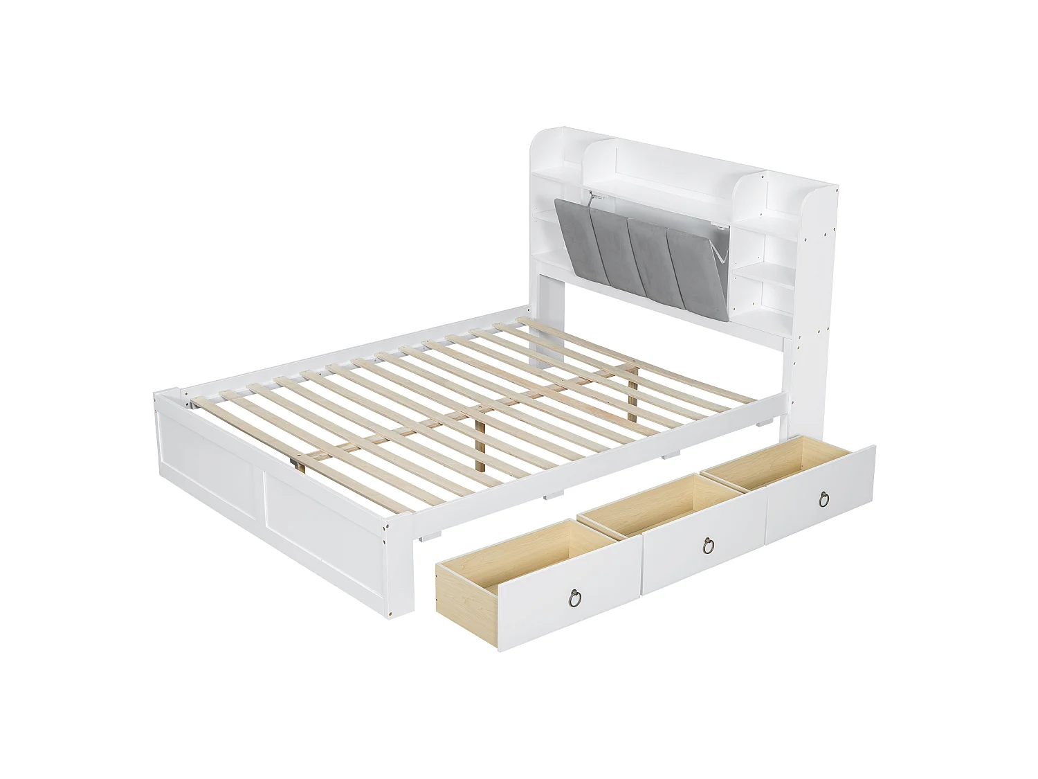 Lit double adulte 160x200cm avec 3 tiroirs et rangement, pin + MDF, blanc + gris, sans matelas