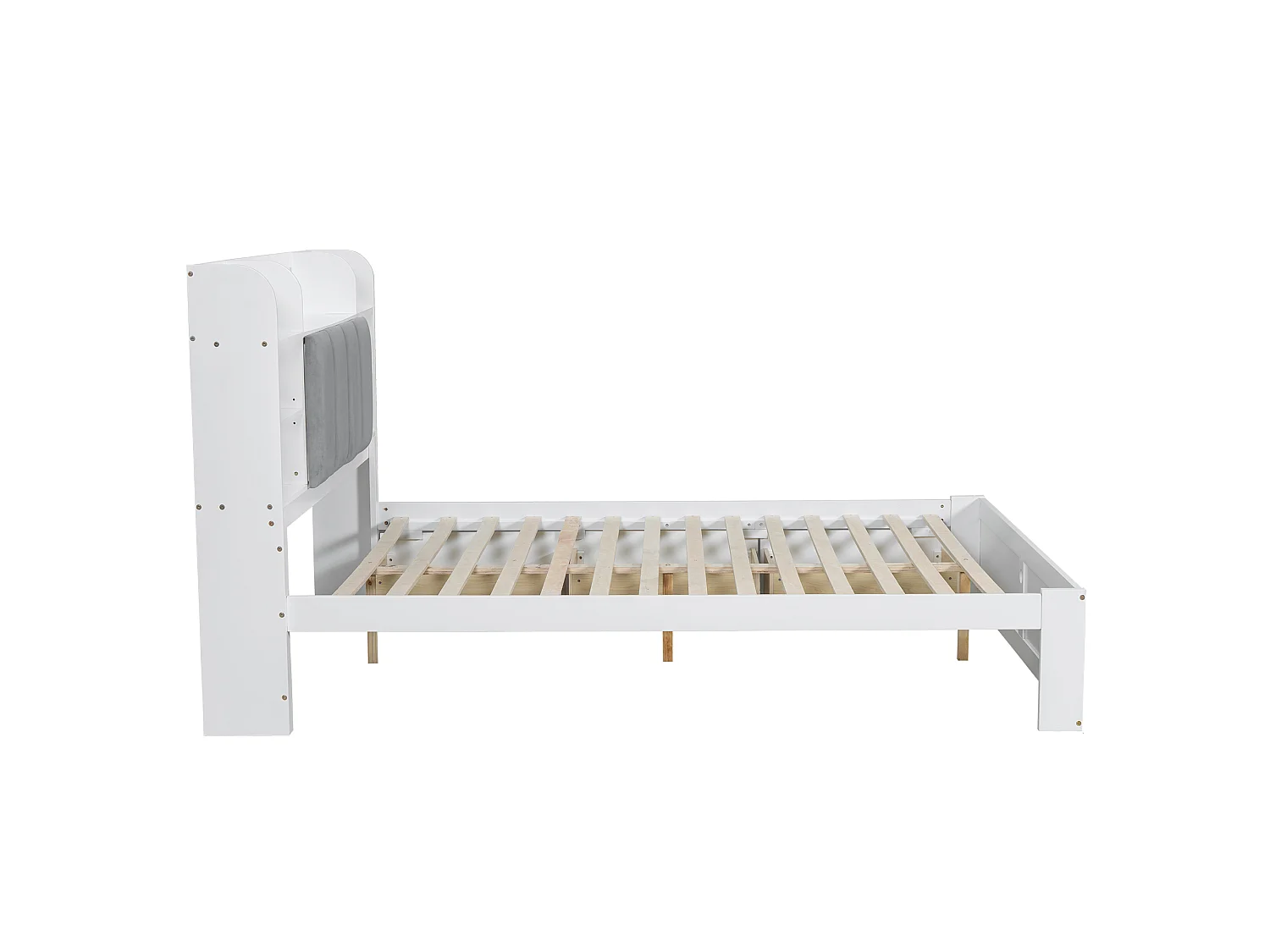 Lit double adulte 160x200cm avec 3 tiroirs et rangement, pin + MDF, blanc + gris, sans matelas
