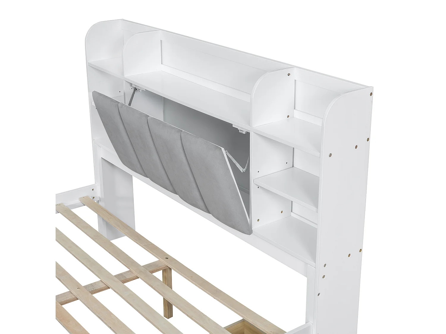 Lit double adulte 160x200cm avec 3 tiroirs et rangement, pin + MDF, blanc + gris, sans matelas
