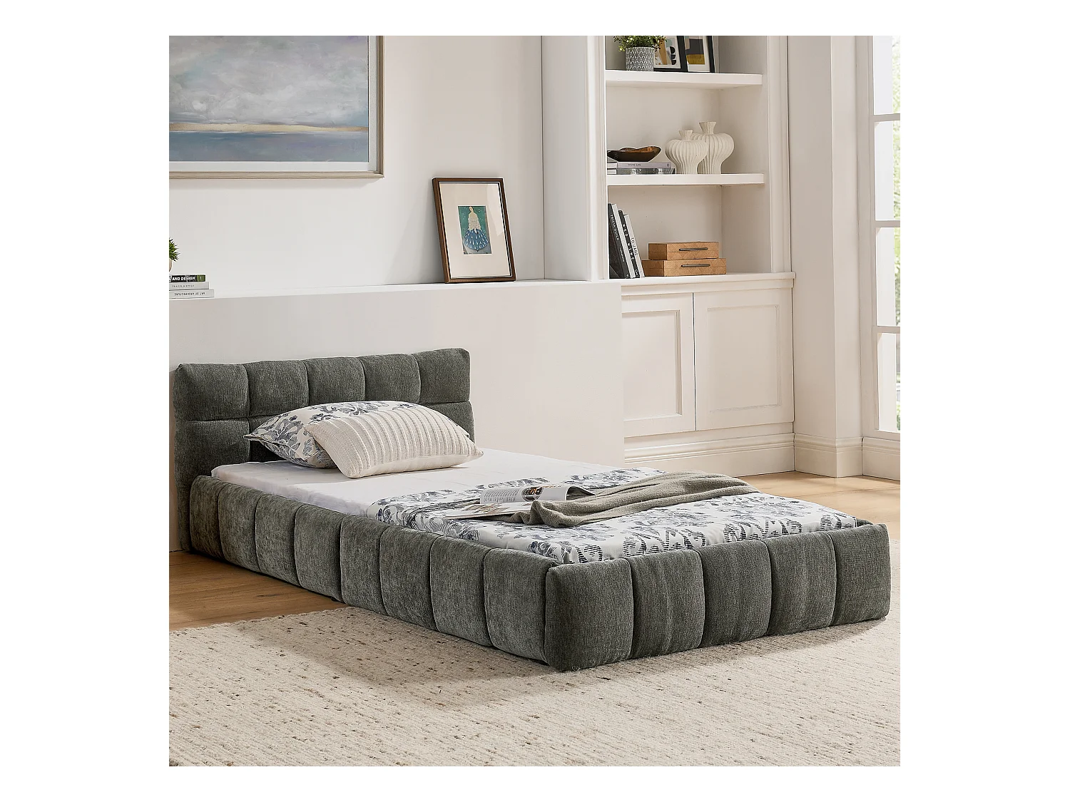 Letto singolo per bambini grigio scuro 90x200cm, trapuntato a quadrati, tessuto ciniglia, legno + metallo