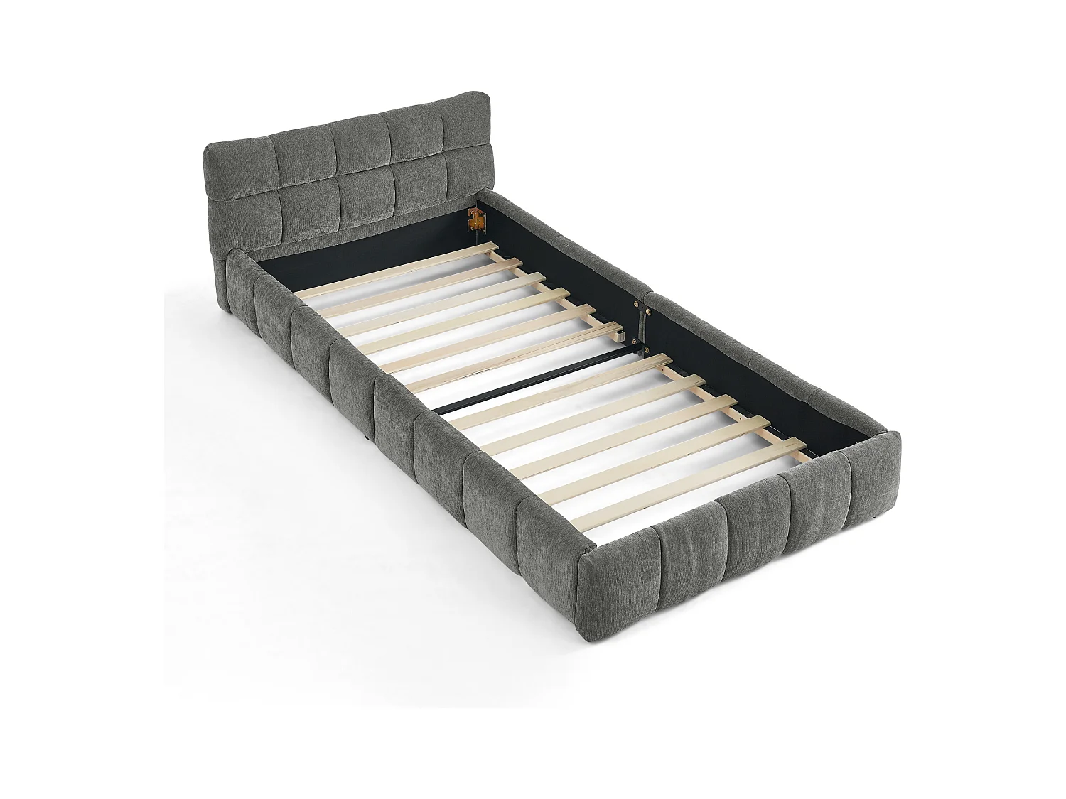 Letto singolo per bambini grigio scuro 90x200cm, trapuntato a quadrati, tessuto ciniglia, legno + metallo