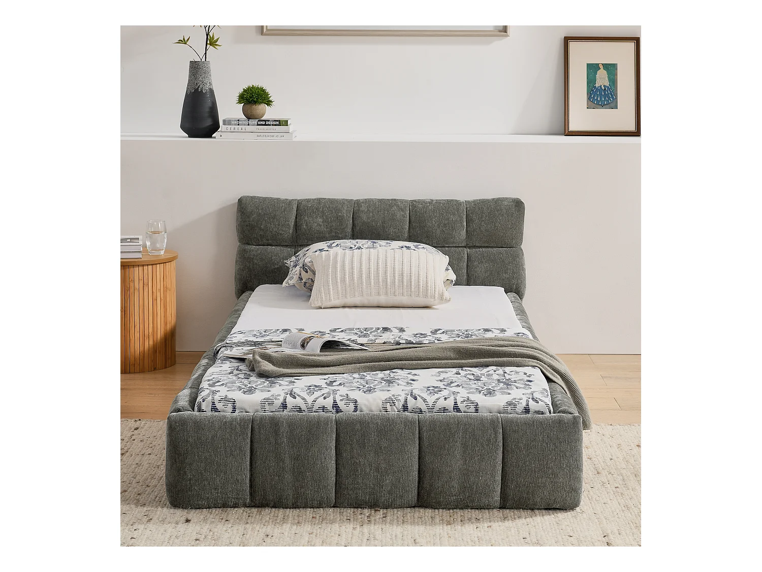 Letto singolo per bambini grigio scuro 90x200cm, trapuntato a quadrati, tessuto ciniglia, legno + metallo