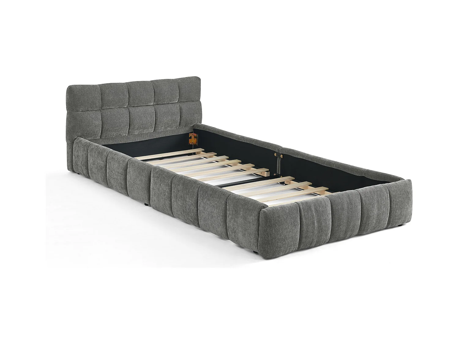 Letto singolo per bambini grigio scuro 90x200cm, trapuntato a quadrati, tessuto ciniglia, legno + metallo