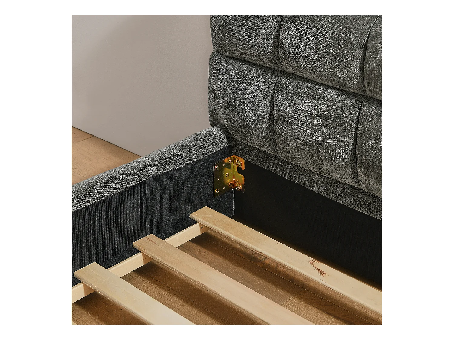 Letto singolo per bambini grigio scuro 90x200cm, trapuntato a quadrati, tessuto ciniglia, legno + metallo