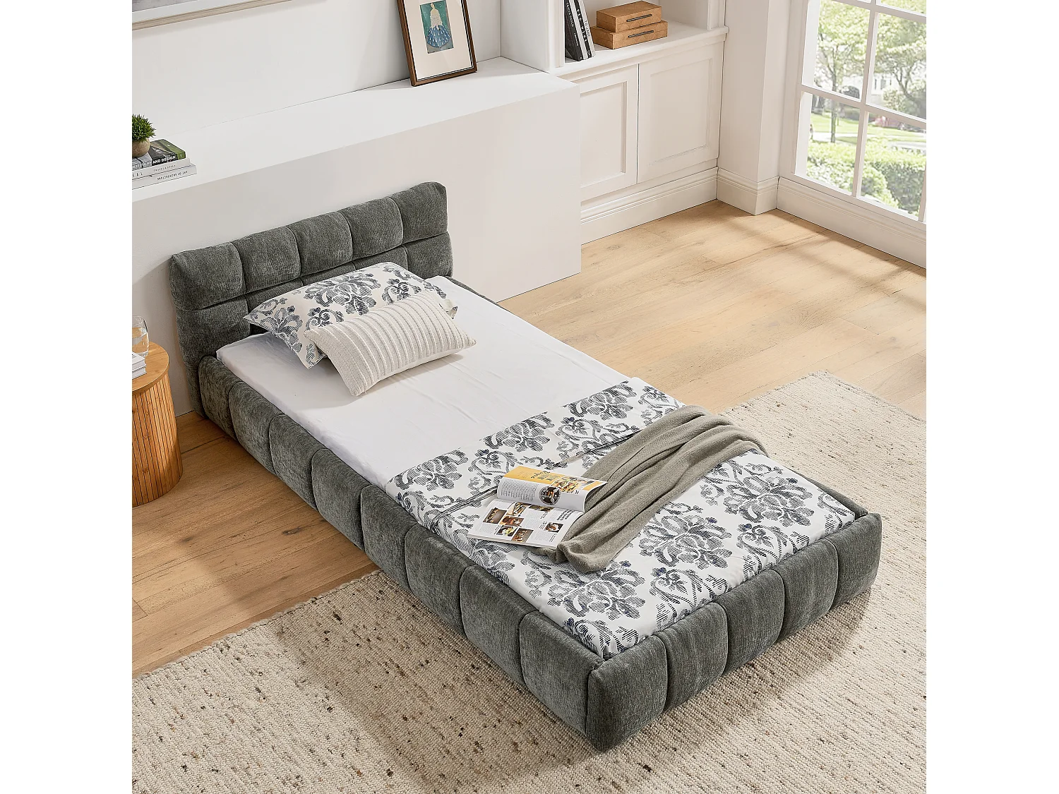 Lit enfant simple gris foncé 90x200cm, matelassé carré, tissu chenille, bois + métal