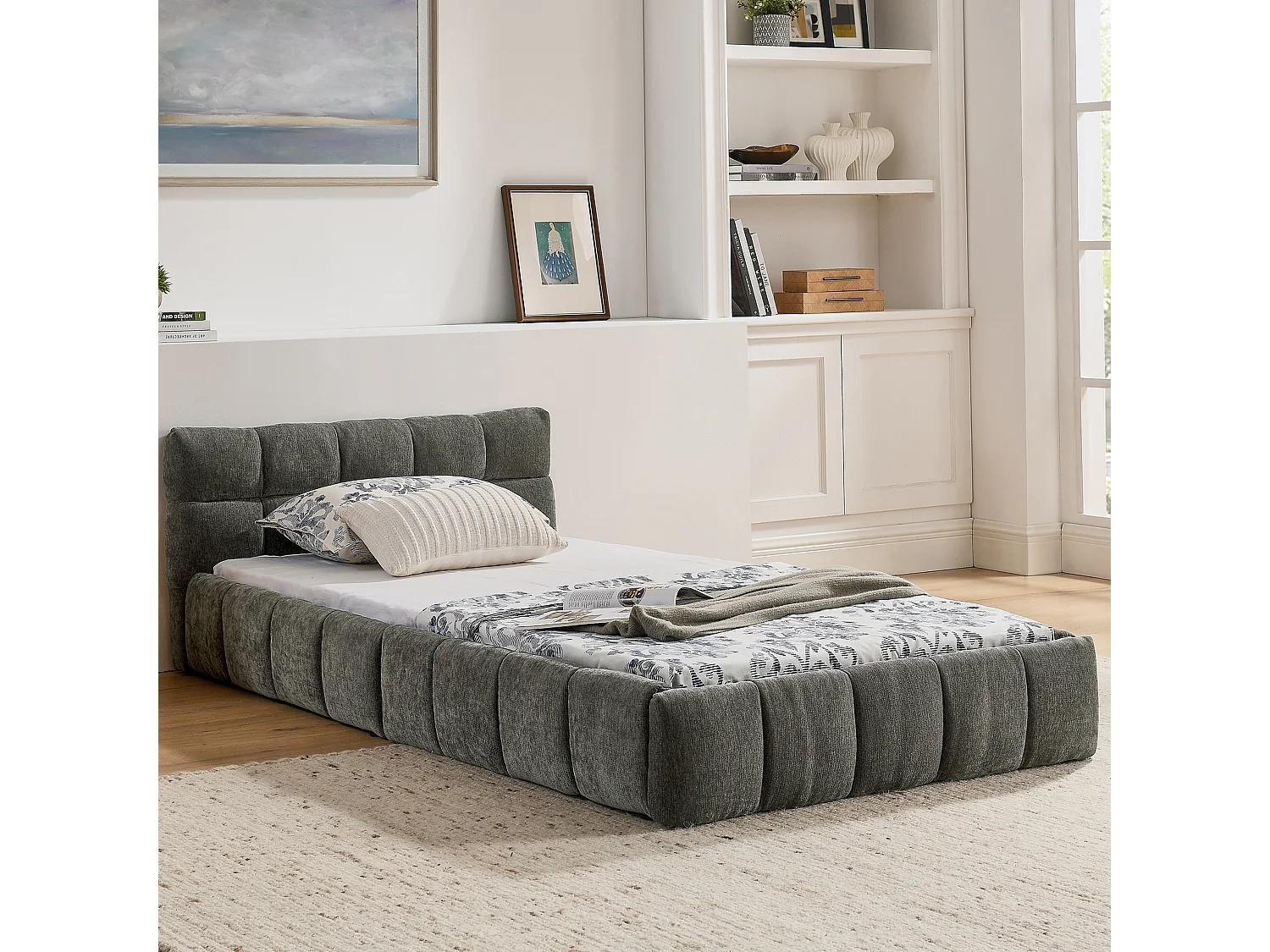 Lit enfant simple gris foncé 90x200cm, matelassé carré, tissu chenille, bois + métal