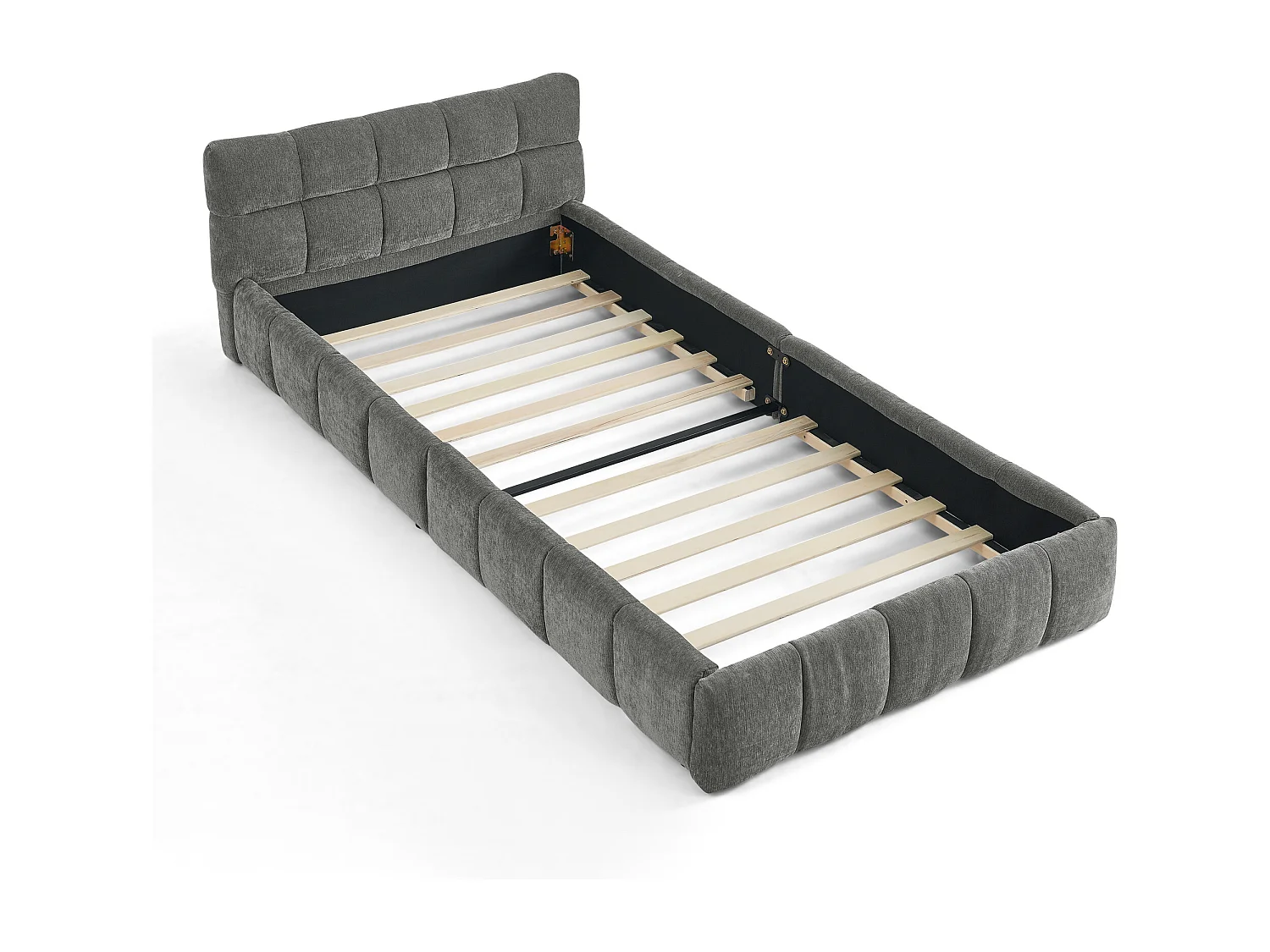 Lit enfant simple gris foncé 90x200cm, matelassé carré, tissu chenille, bois + métal