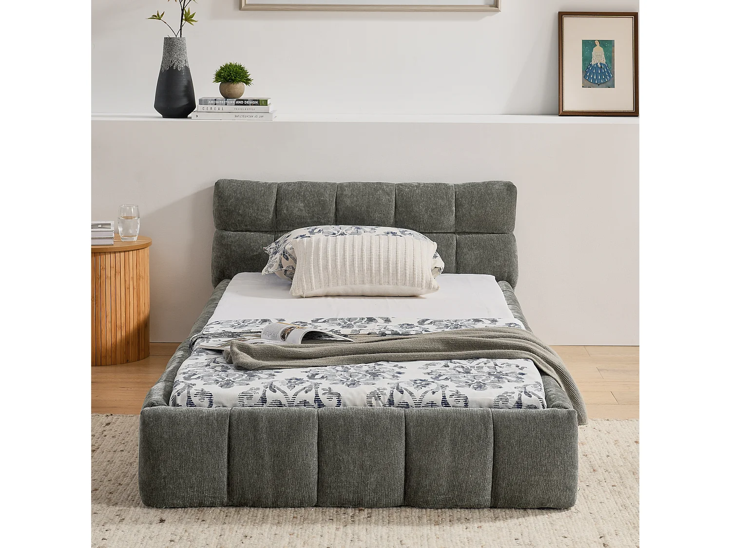 Lit enfant simple gris foncé 90x200cm, matelassé carré, tissu chenille, bois + métal