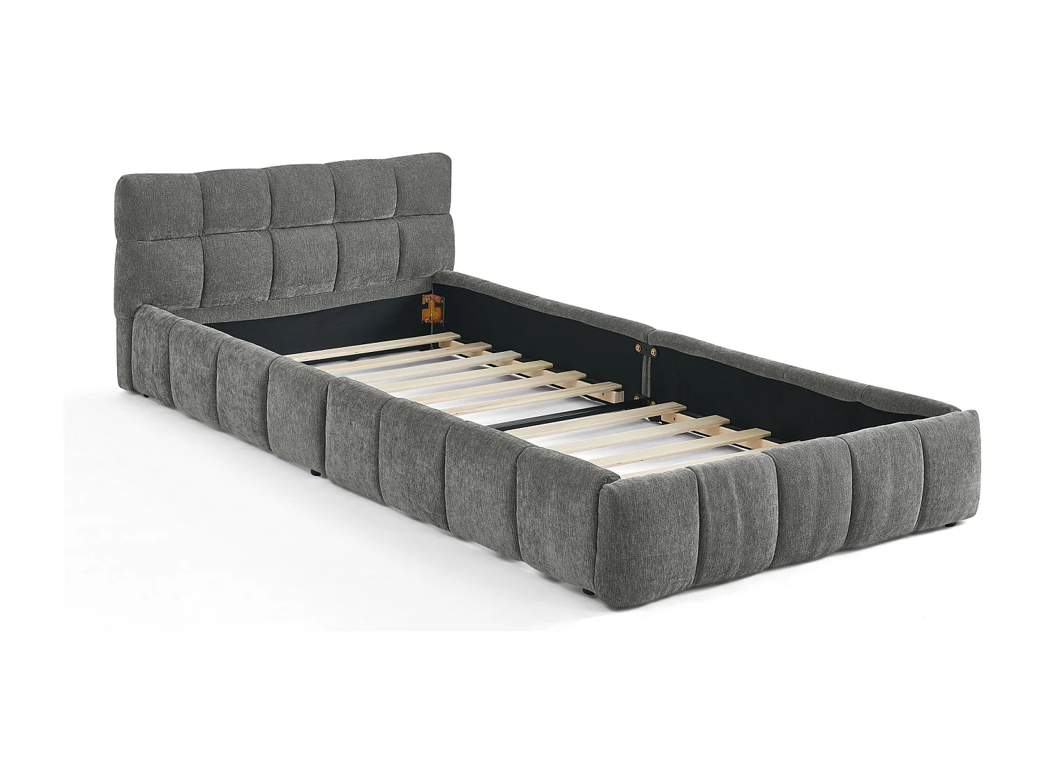 Lit enfant simple gris foncé 90x200cm, matelassé carré, tissu chenille, bois + métal