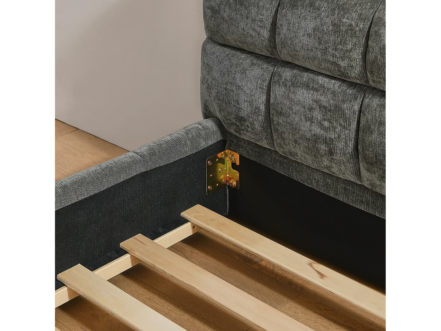 Lit enfant simple gris foncé 90x200cm, matelassé carré, tissu chenille, bois + métal