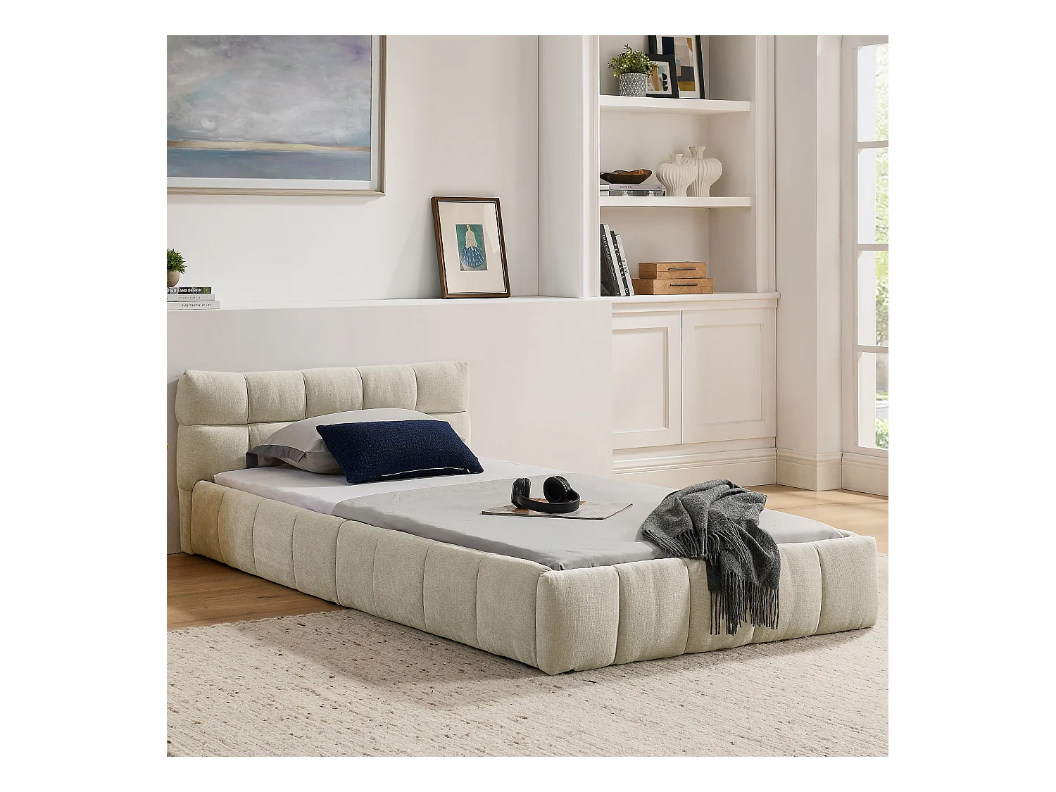 Letto singolo per bambini beige 90x200cm, trapuntato quadrato, tessuto ciniglia, legno + metallo