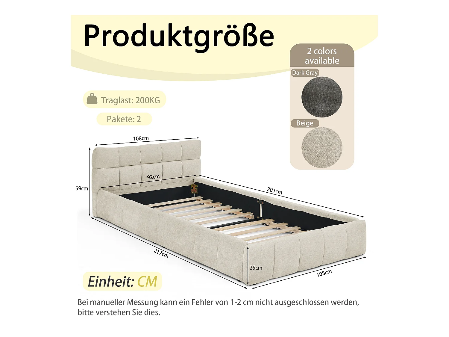 Letto singolo per bambini beige 90x200cm, trapuntato quadrato, tessuto ciniglia, legno + metallo