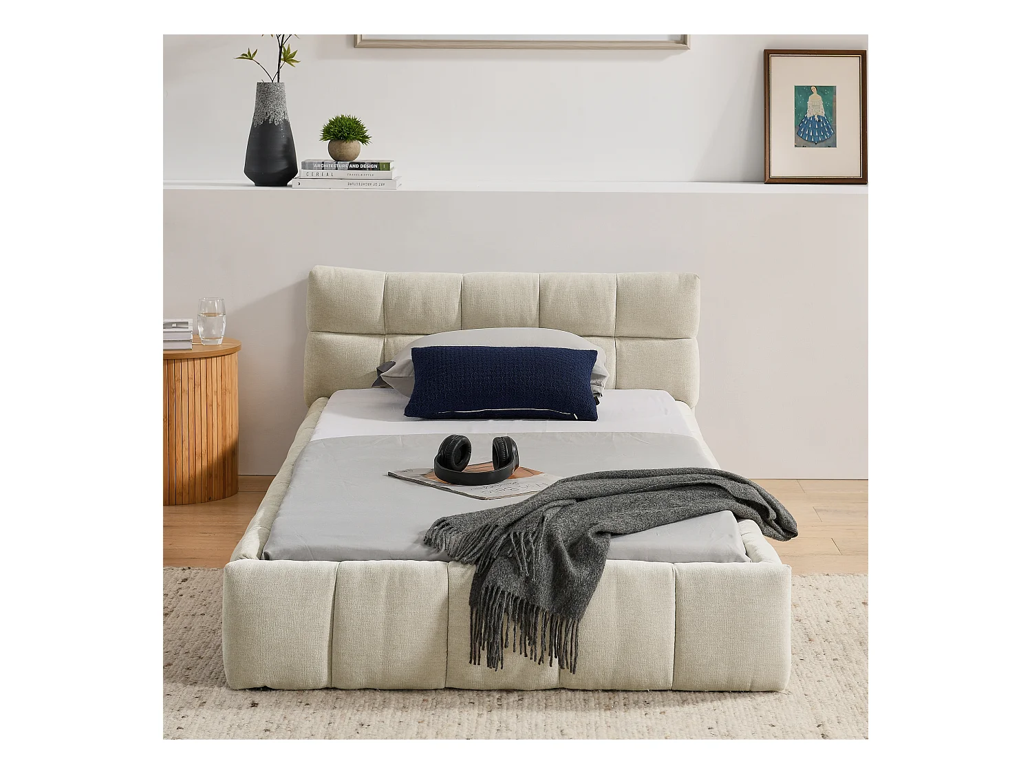 Letto singolo per bambini beige 90x200cm, trapuntato quadrato, tessuto ciniglia, legno + metallo