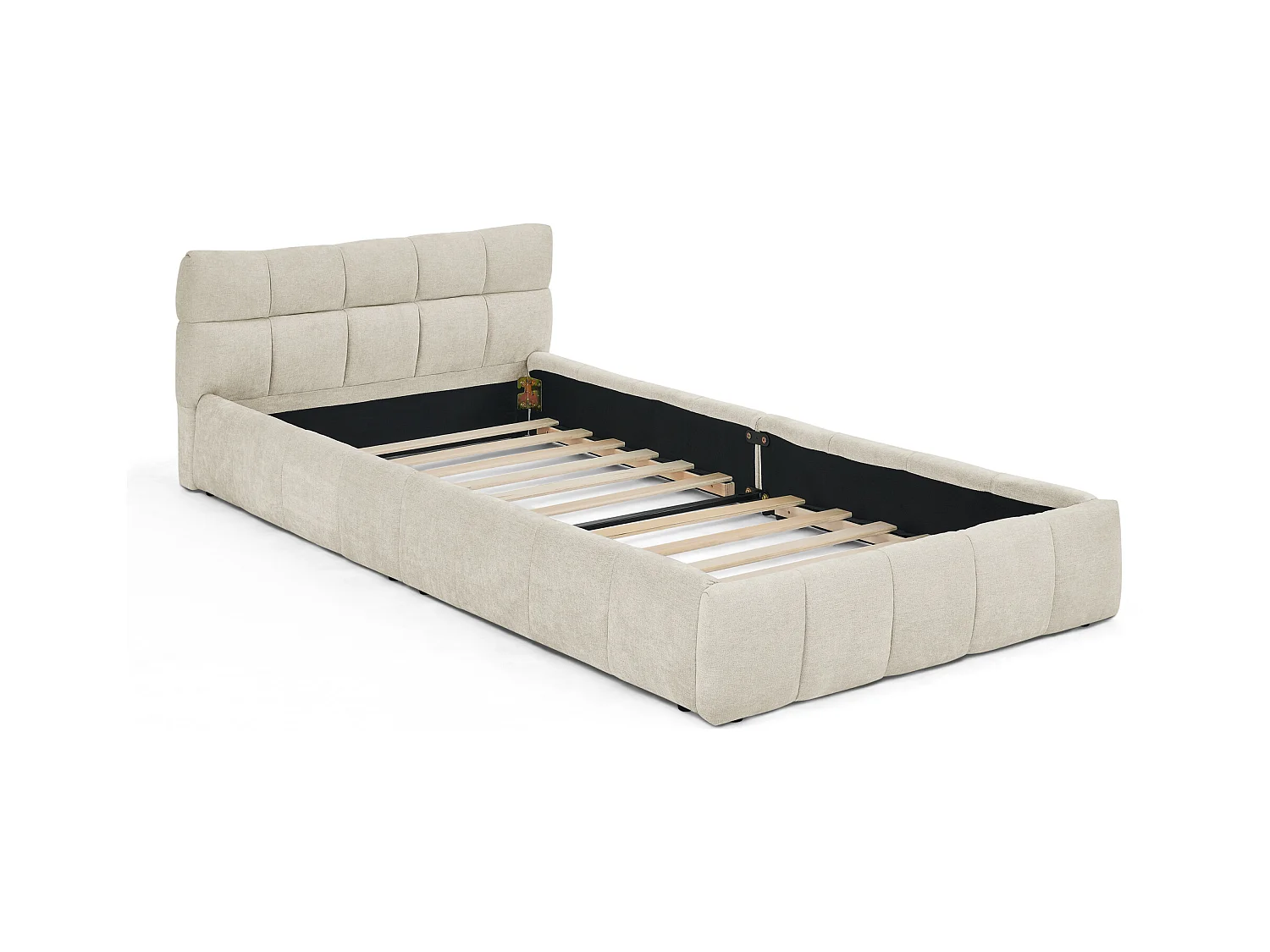 Letto singolo per bambini beige 90x200cm, trapuntato quadrato, tessuto ciniglia, legno + metallo