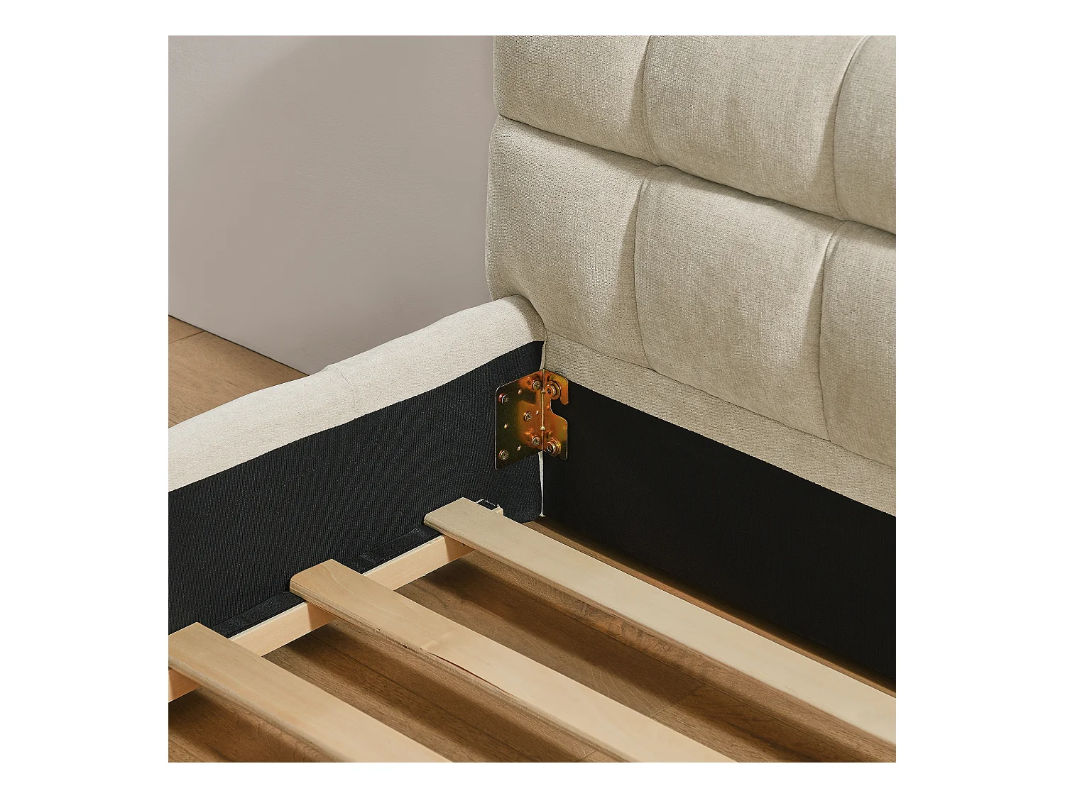 Letto singolo per bambini beige 90x200cm, trapuntato quadrato, tessuto ciniglia, legno + metallo