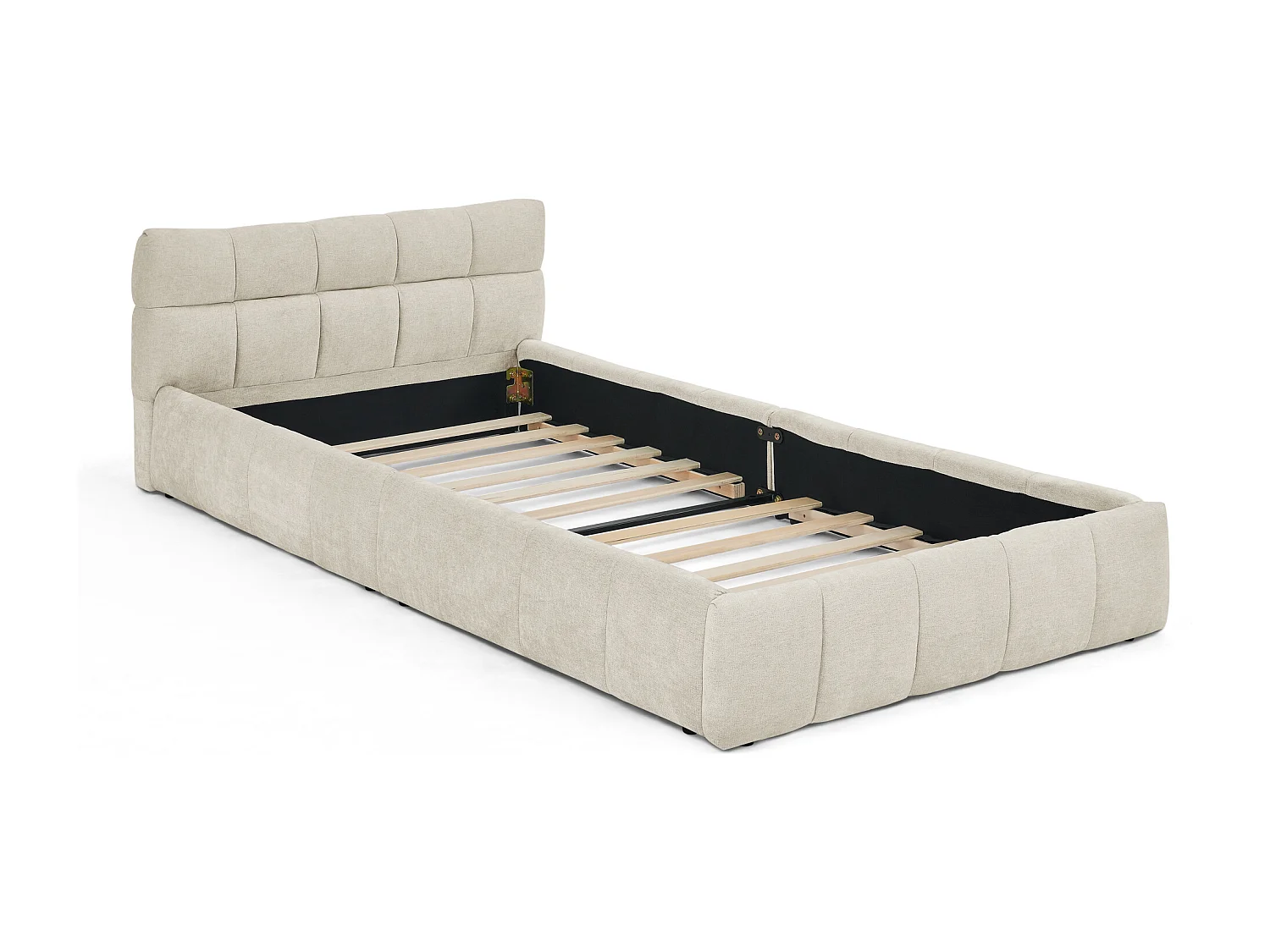 Letto singolo per bambini beige 90x200cm, trapuntato quadrato, tessuto ciniglia, legno + metallo