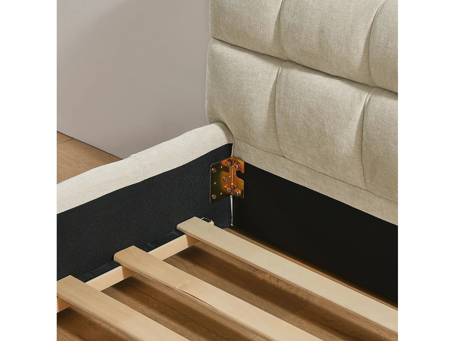 Letto singolo per bambini beige 90x200cm, trapuntato quadrato, tessuto ciniglia, legno + metallo