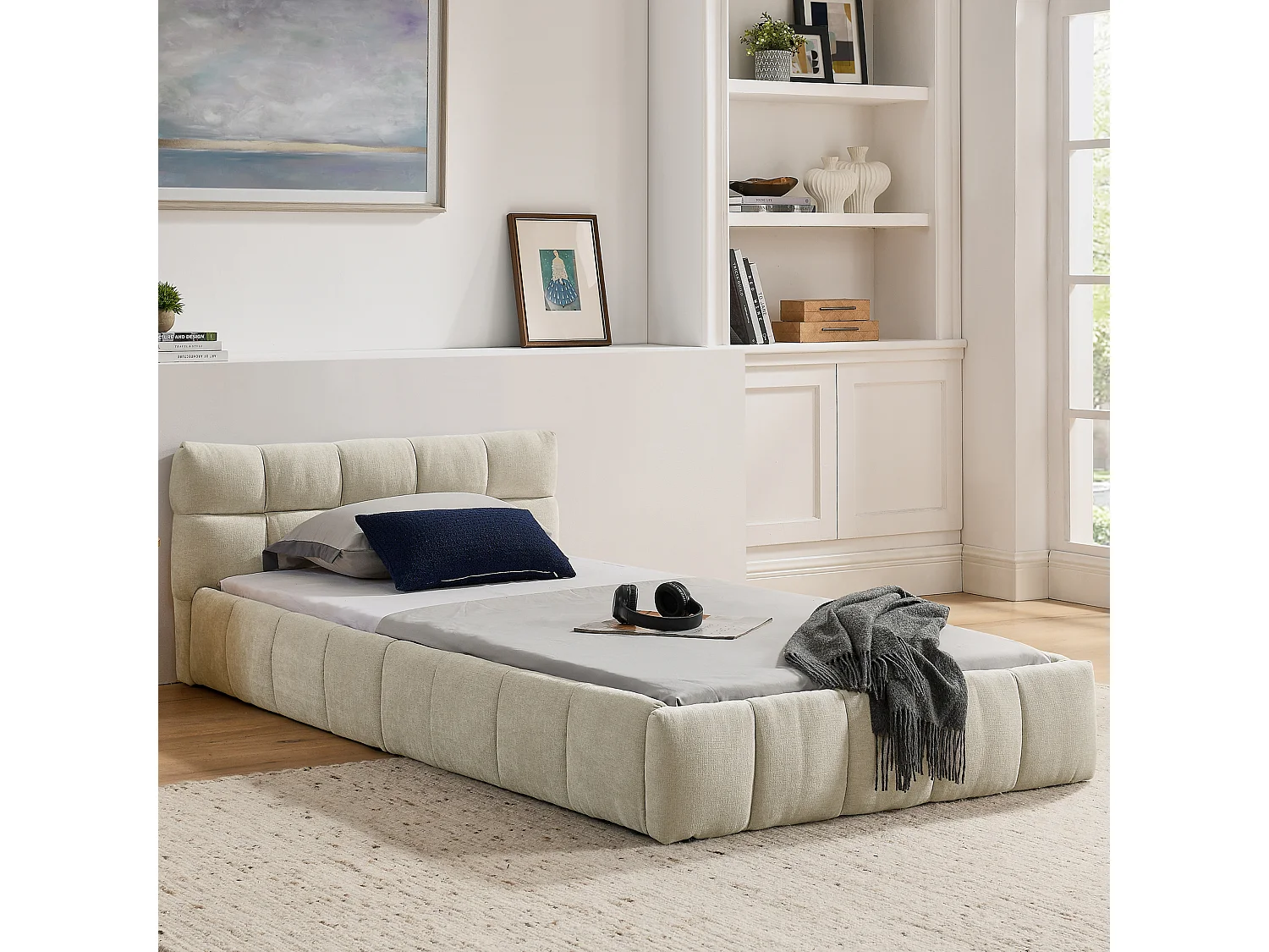 Lit enfant simple beige 90x200cm, matelassé carré, tissu chenille, bois + métal