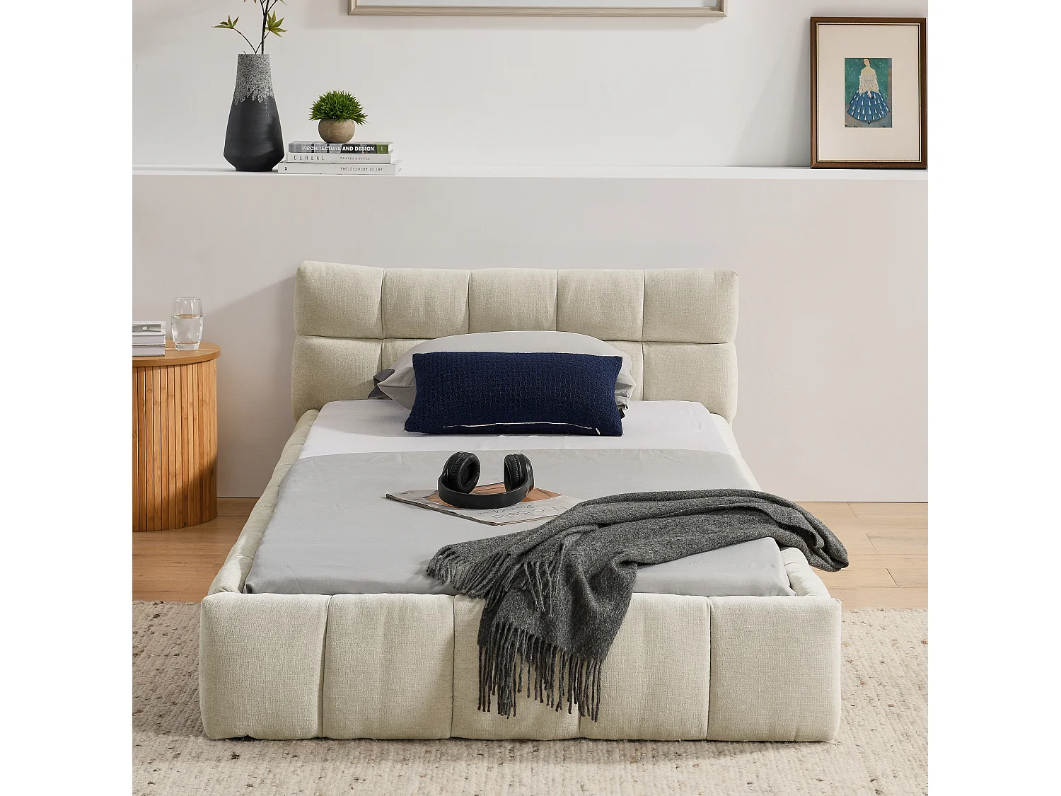 Lit enfant simple beige 90x200cm, matelassé carré, tissu chenille, bois + métal