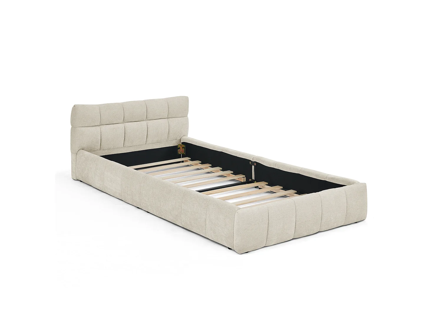 Lit enfant simple beige 90x200cm, matelassé carré, tissu chenille, bois + métal