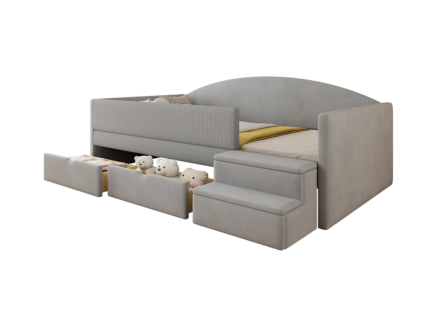 Tapicerowane łóżko dziecięce 90x190 cm - z 2 szufladami - z stopniami - welur - szary (materac nie jest wliczony w cenę)