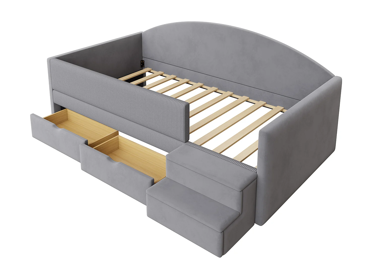 Letto bambino imbottito 90x190 cm - con 2 cassetti - con scalini - velluto - grigio (materasso non incluso)