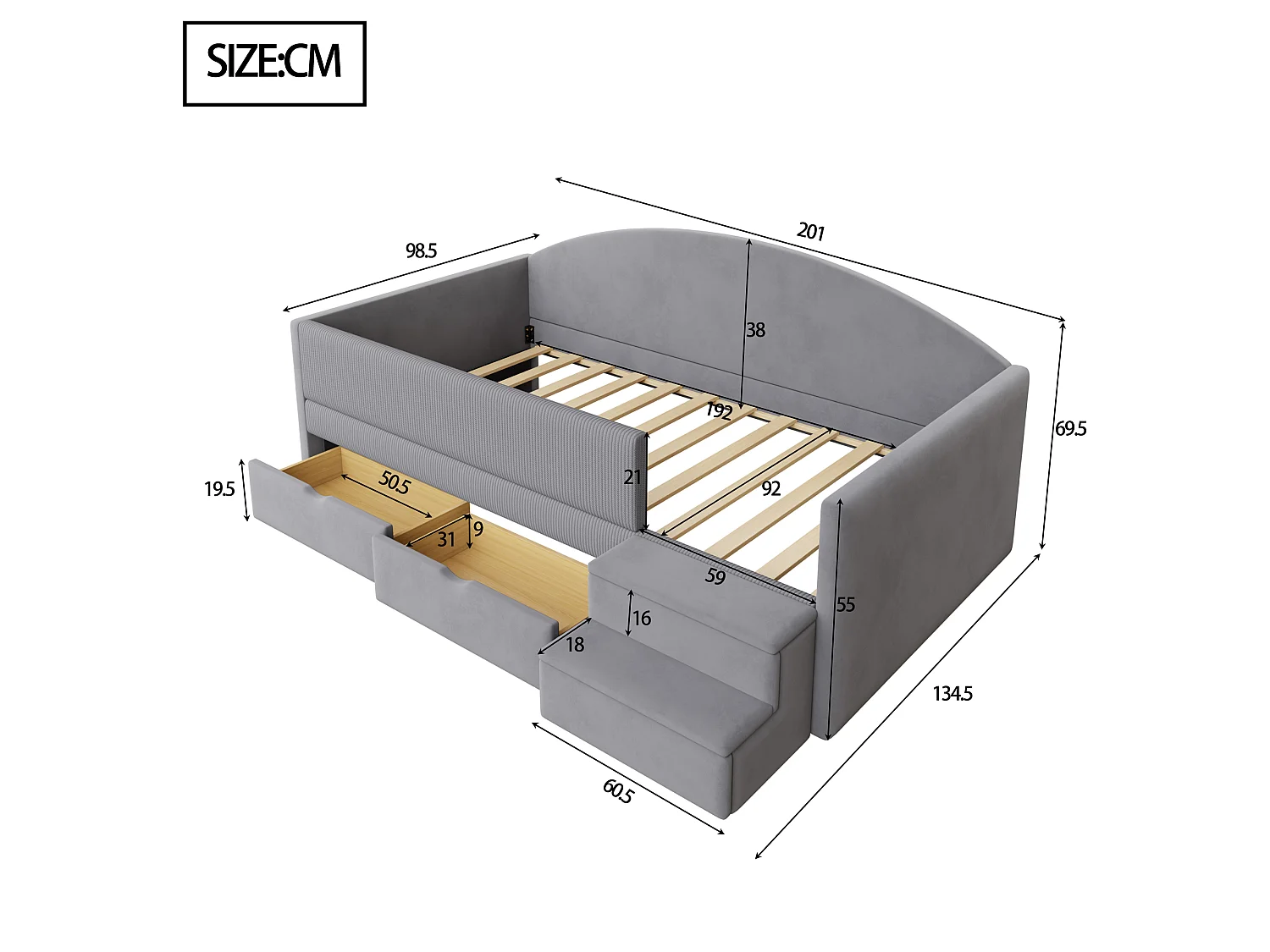 Lit enfant rembourré 90x190 cm - avec 2 tiroirs - avec marches - velours - gris (matelas non inclus)