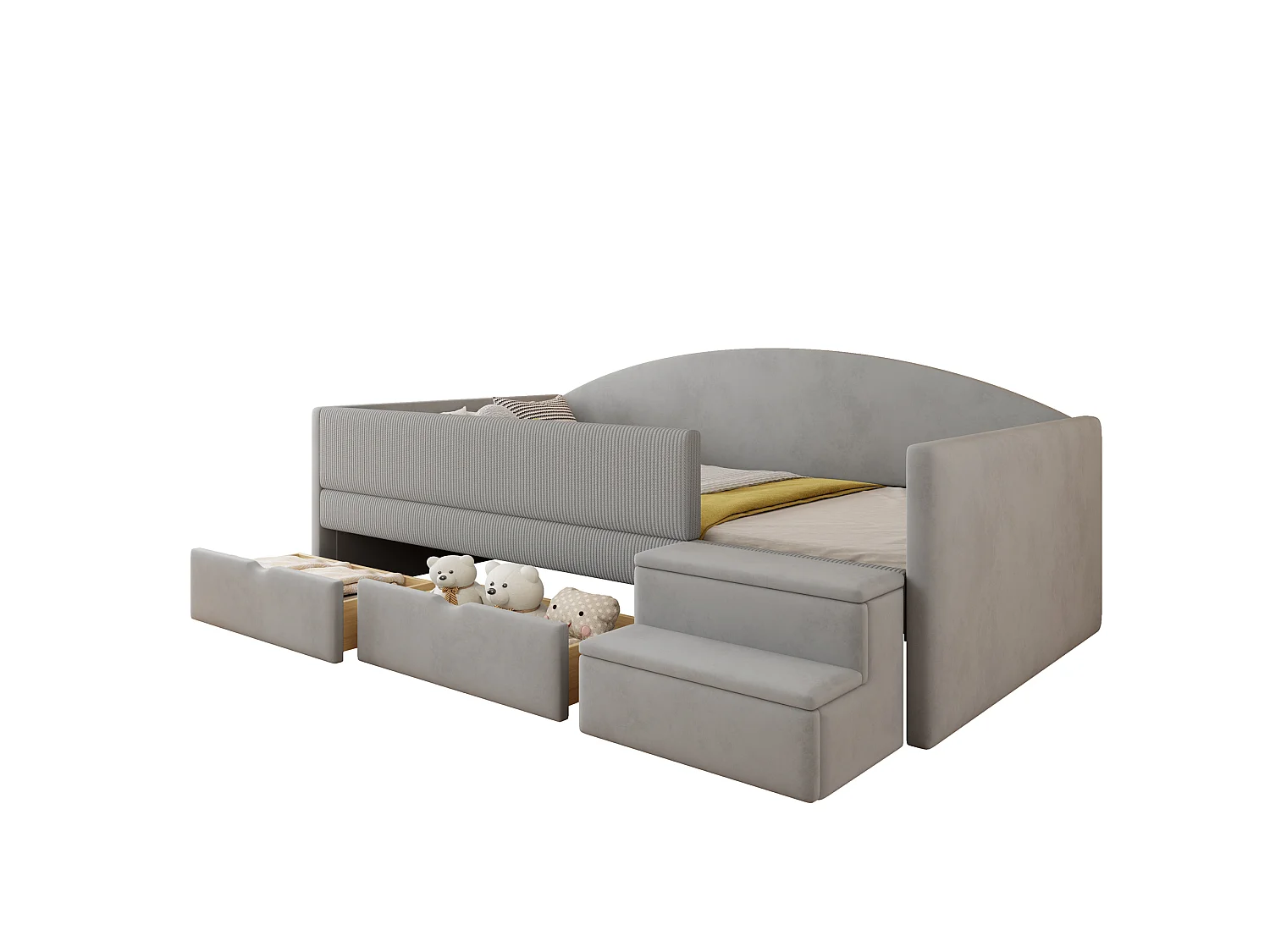 Lit enfant rembourré 90x190 cm - avec 2 tiroirs - avec marches - velours - gris (matelas non inclus)