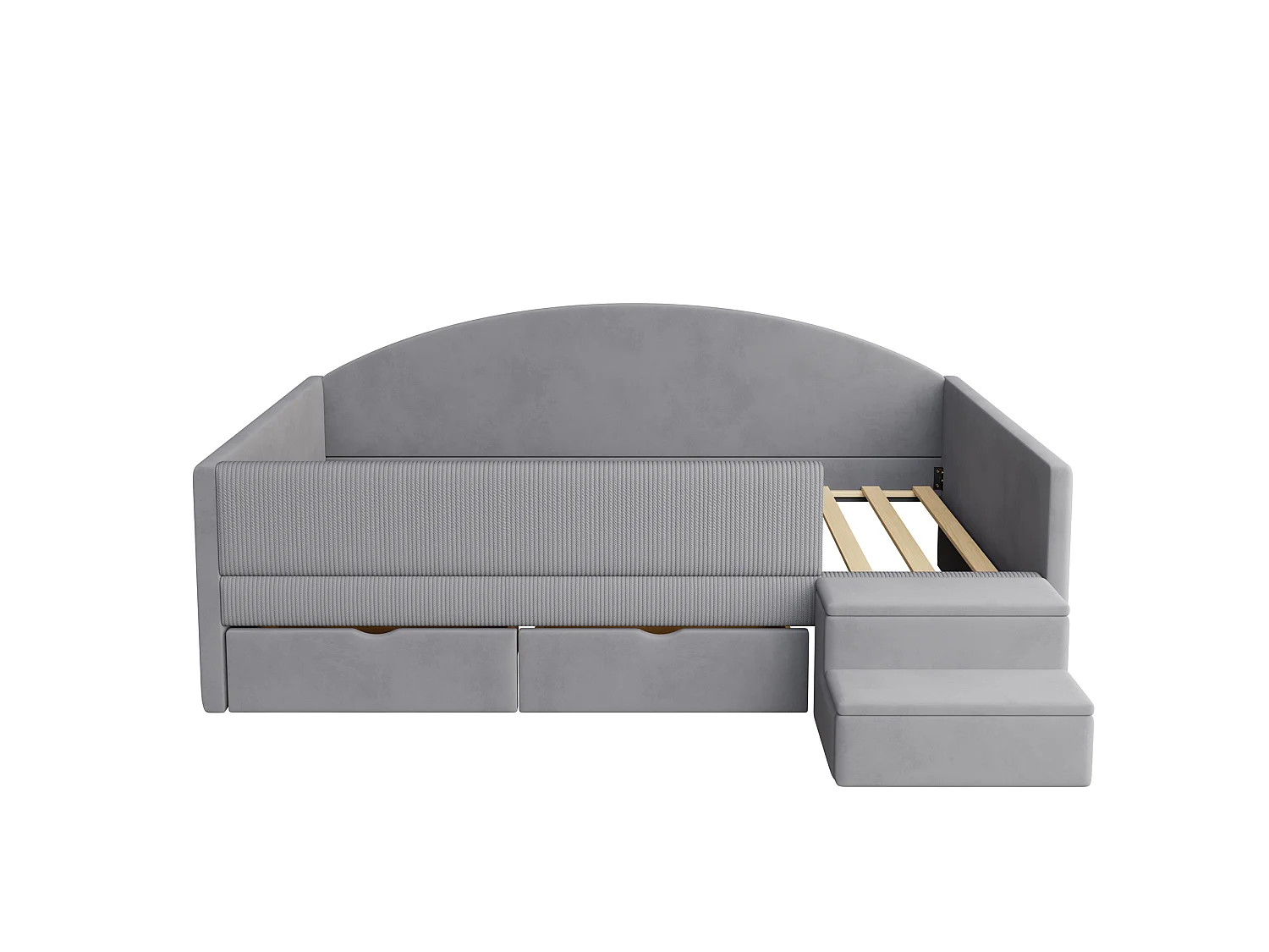 Lit enfant rembourré 90x190 cm - avec 2 tiroirs - avec marches - velours - gris (matelas non inclus)