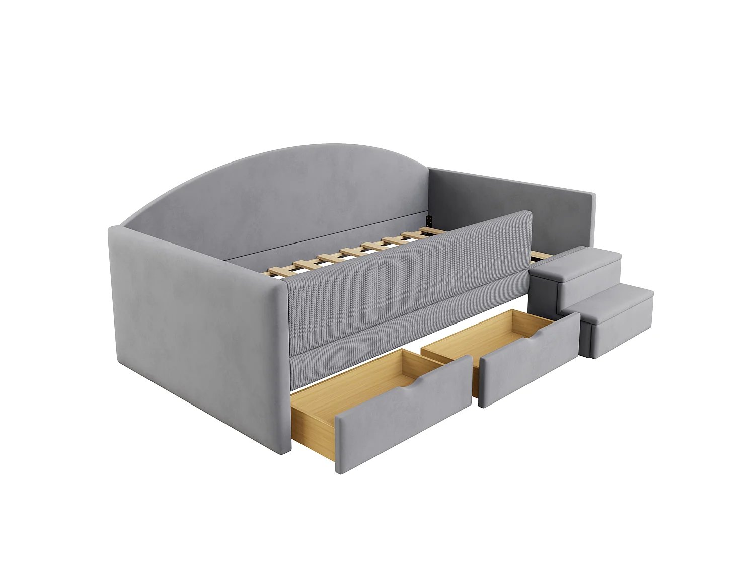 Lit enfant rembourré 90x190 cm - avec 2 tiroirs - avec marches - velours - gris (matelas non inclus)