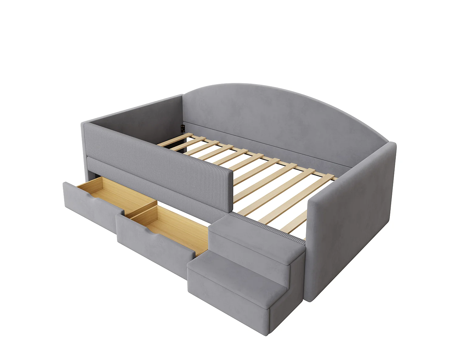 Lit enfant rembourré 90x190 cm - avec 2 tiroirs - avec marches - velours - gris (matelas non inclus)