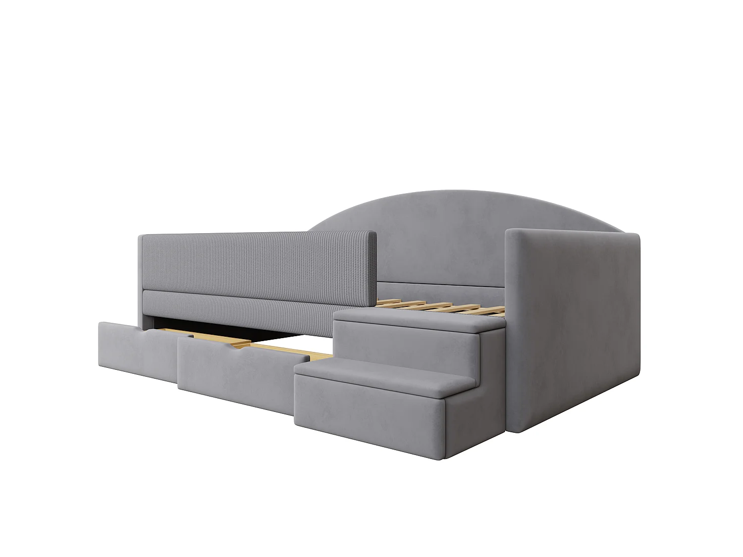 Lit enfant rembourré 90x190 cm - avec 2 tiroirs - avec marches - velours - gris (matelas non inclus)