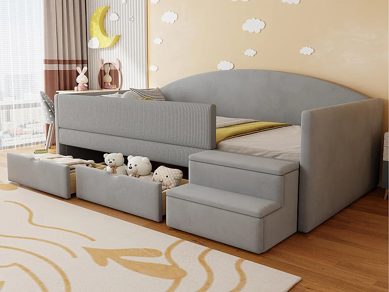 Lit enfant rembourré 90x190 cm - avec 2 tiroirs - avec marches - velours - gris (matelas non inclus)