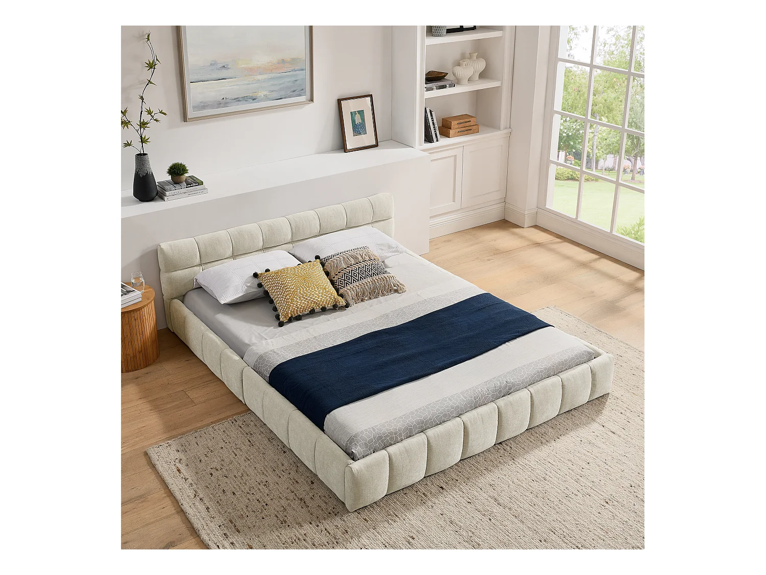 Letto matrimoniale beige per adulti 160x200cm, trapuntato quadrato, tessuto ciniglia, legno + metallo