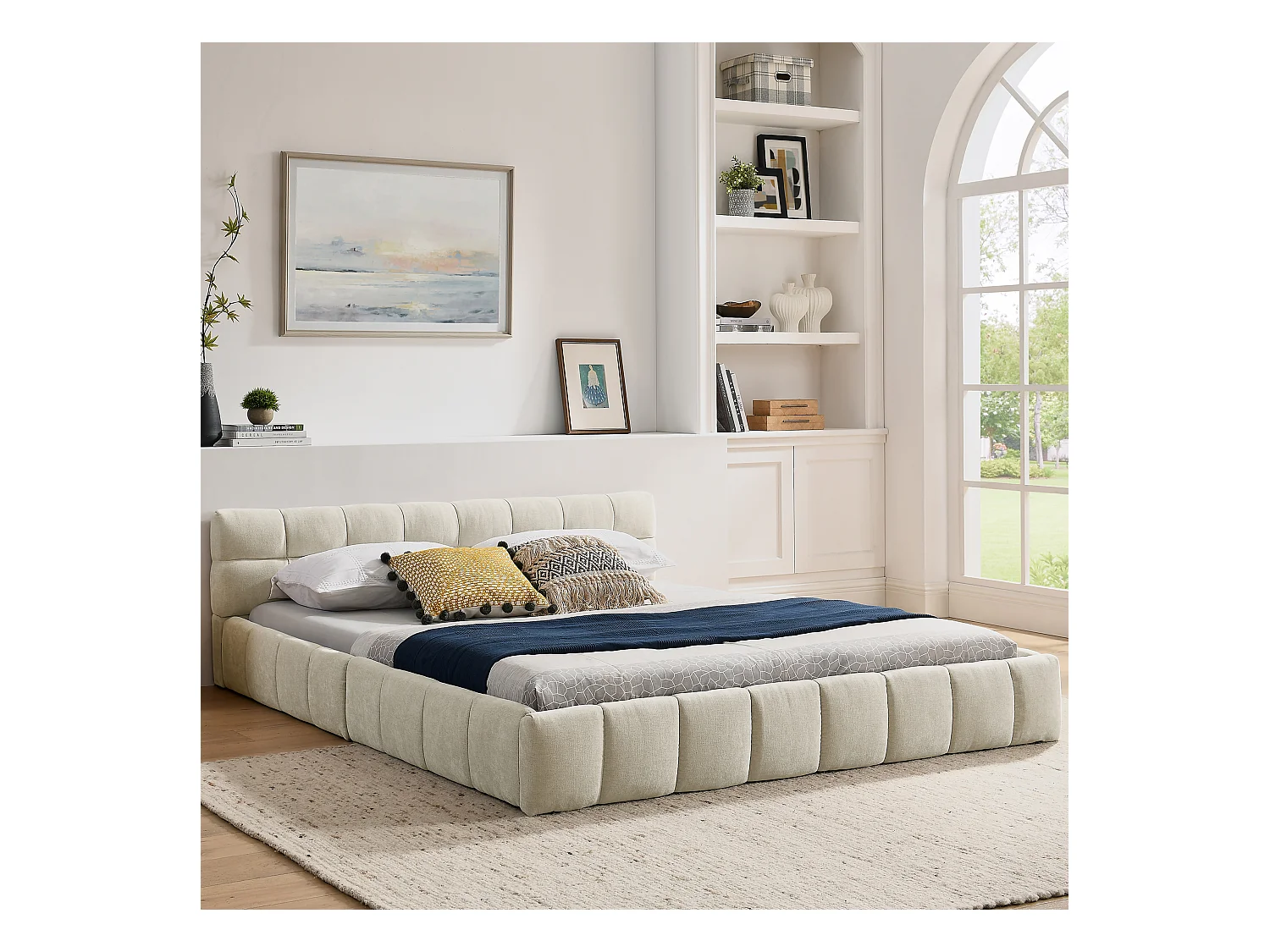 Letto matrimoniale beige per adulti 160x200cm, trapuntato quadrato, tessuto ciniglia, legno + metallo