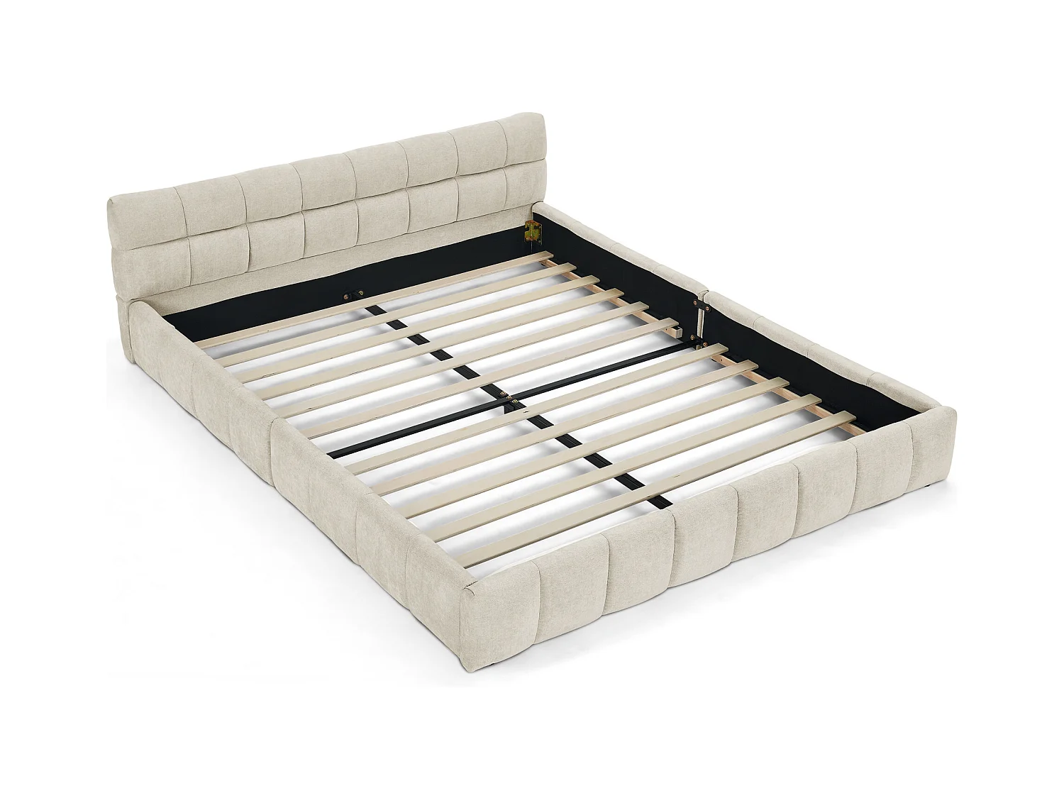 Letto matrimoniale beige per adulti 160x200cm, trapuntato quadrato, tessuto ciniglia, legno + metallo